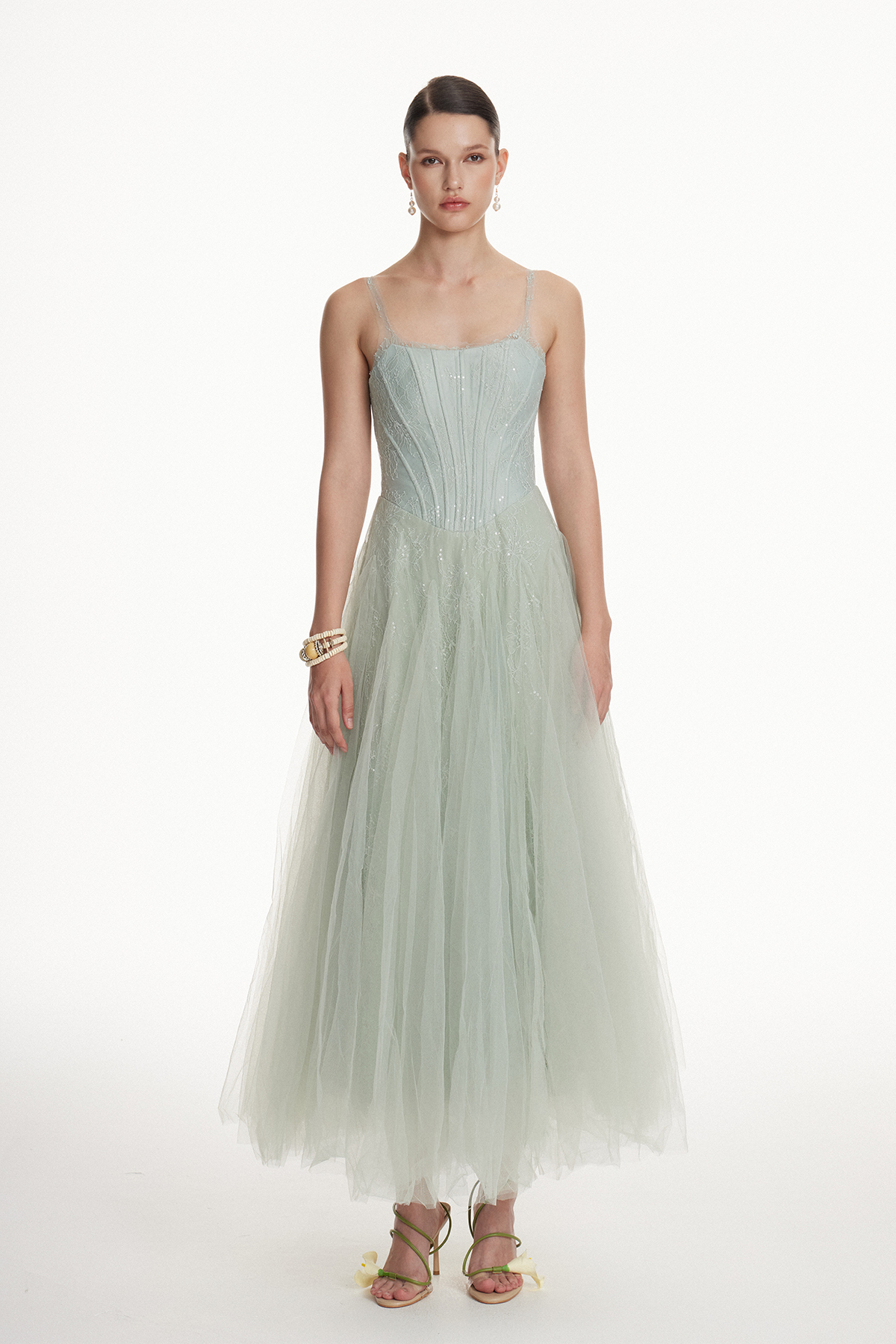 Dieuwe Spaghetti Flared Mesh Maxi Dress