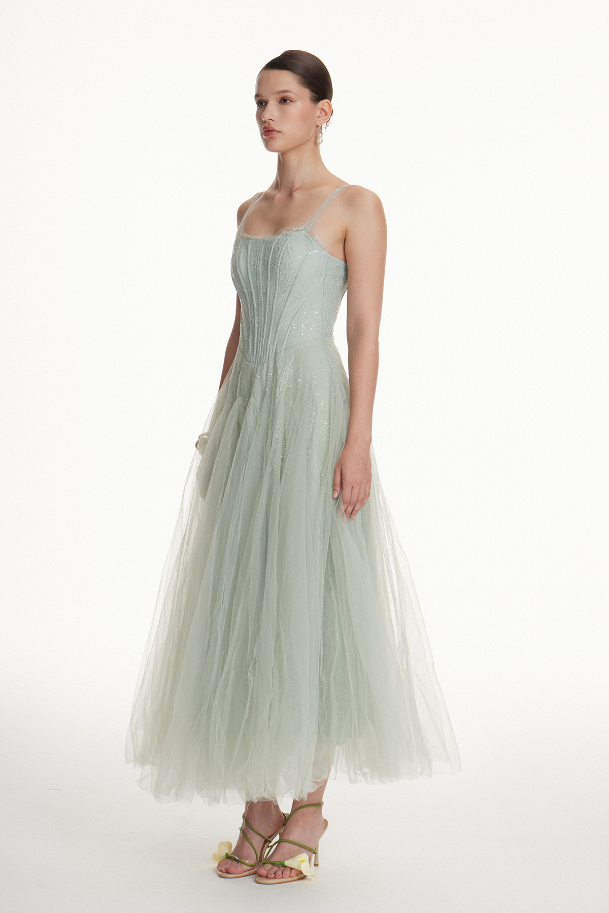 Dieuwe Spaghetti Flared Mesh Maxi Dress