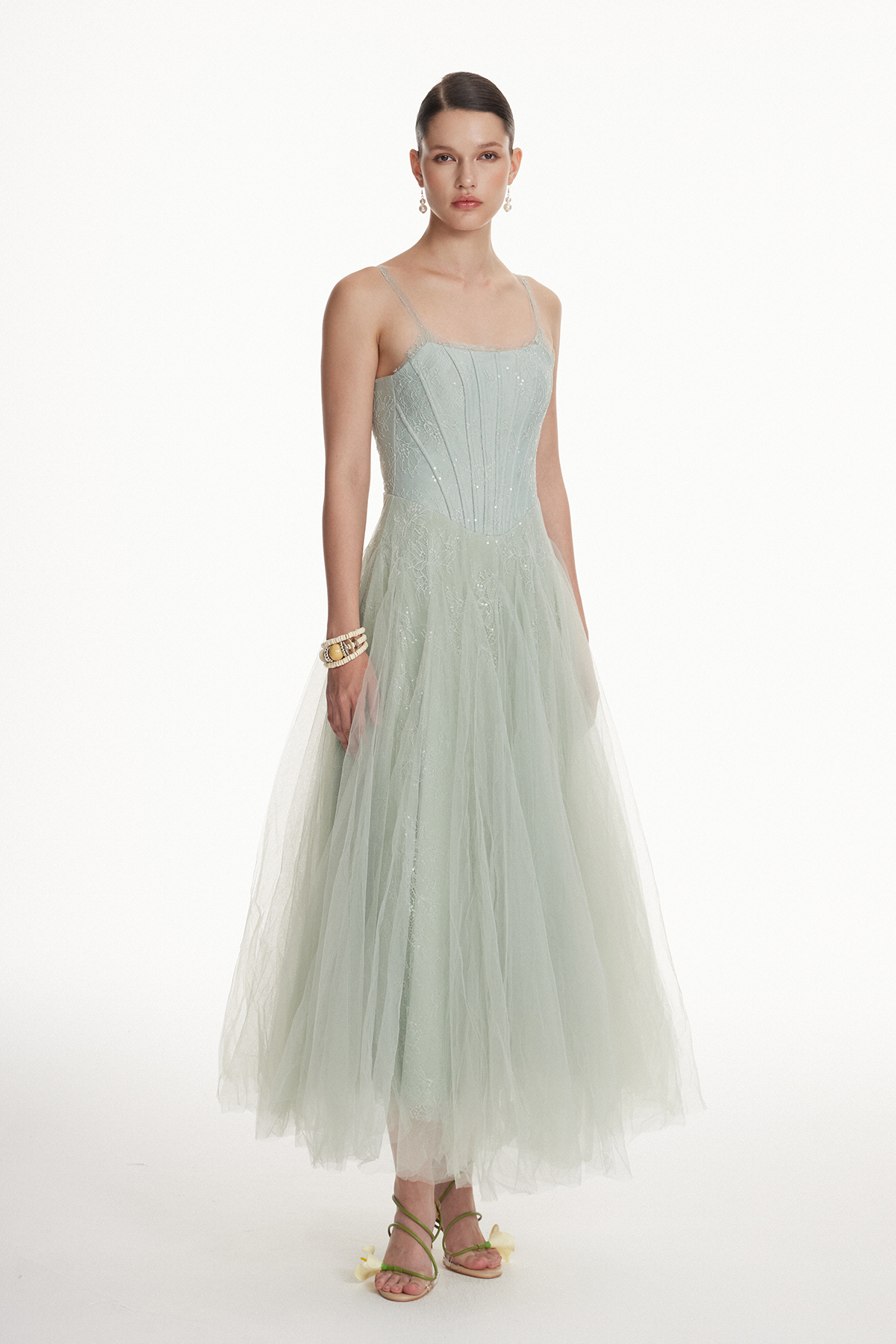 Dieuwe Spaghetti Flared Mesh Maxi Dress