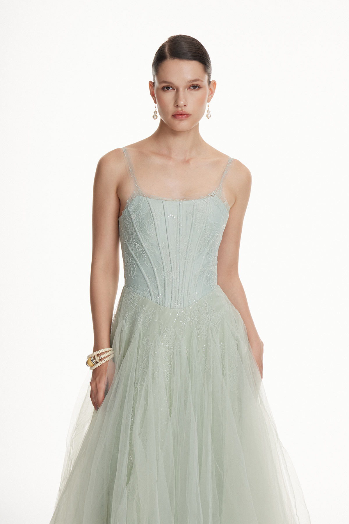 Dieuwe Spaghetti Flared Mesh Maxi Dress