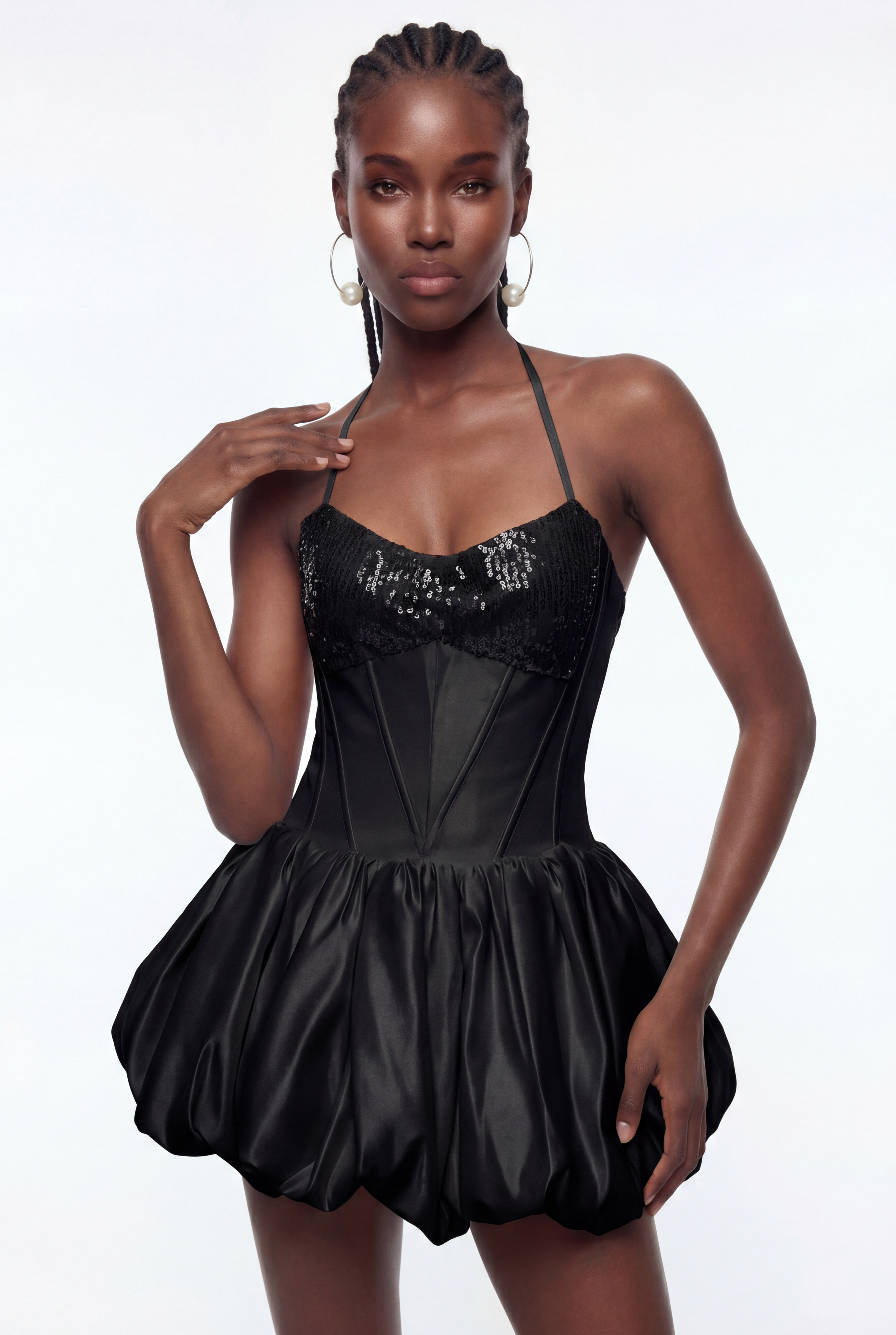 Dimitri Sequin Lace Up Puffy Mini Dress In Black