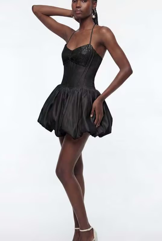 Dimitri Sequin Lace Up Puffy Mini Dress In Black