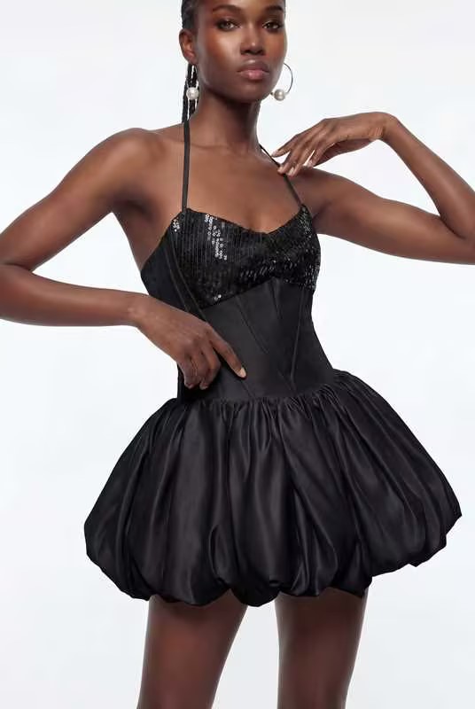 Dimitri Sequin Lace Up Puffy Mini Dress In Black