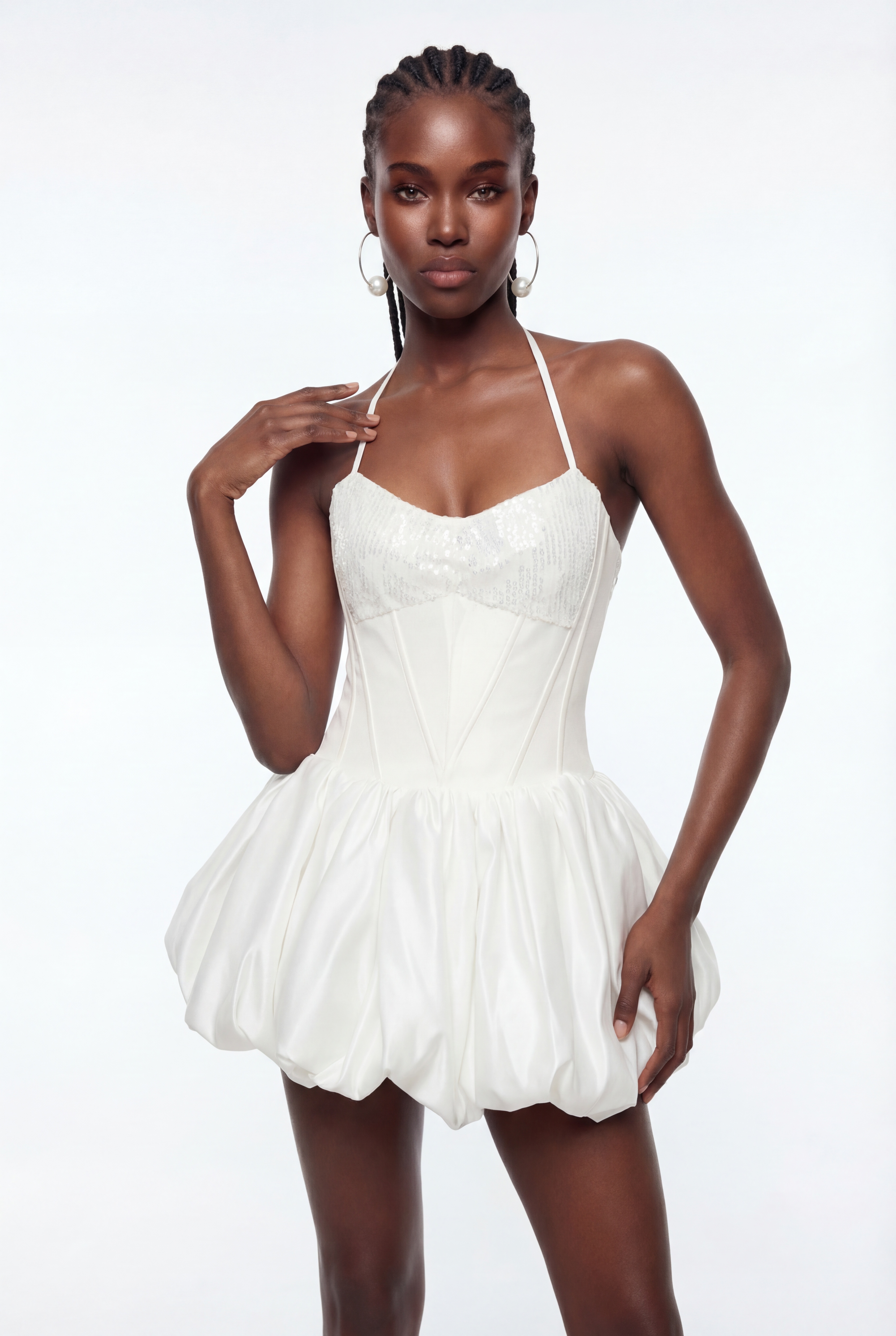 Dimitri Sequin Lace Up Puffy Mini Dress In White