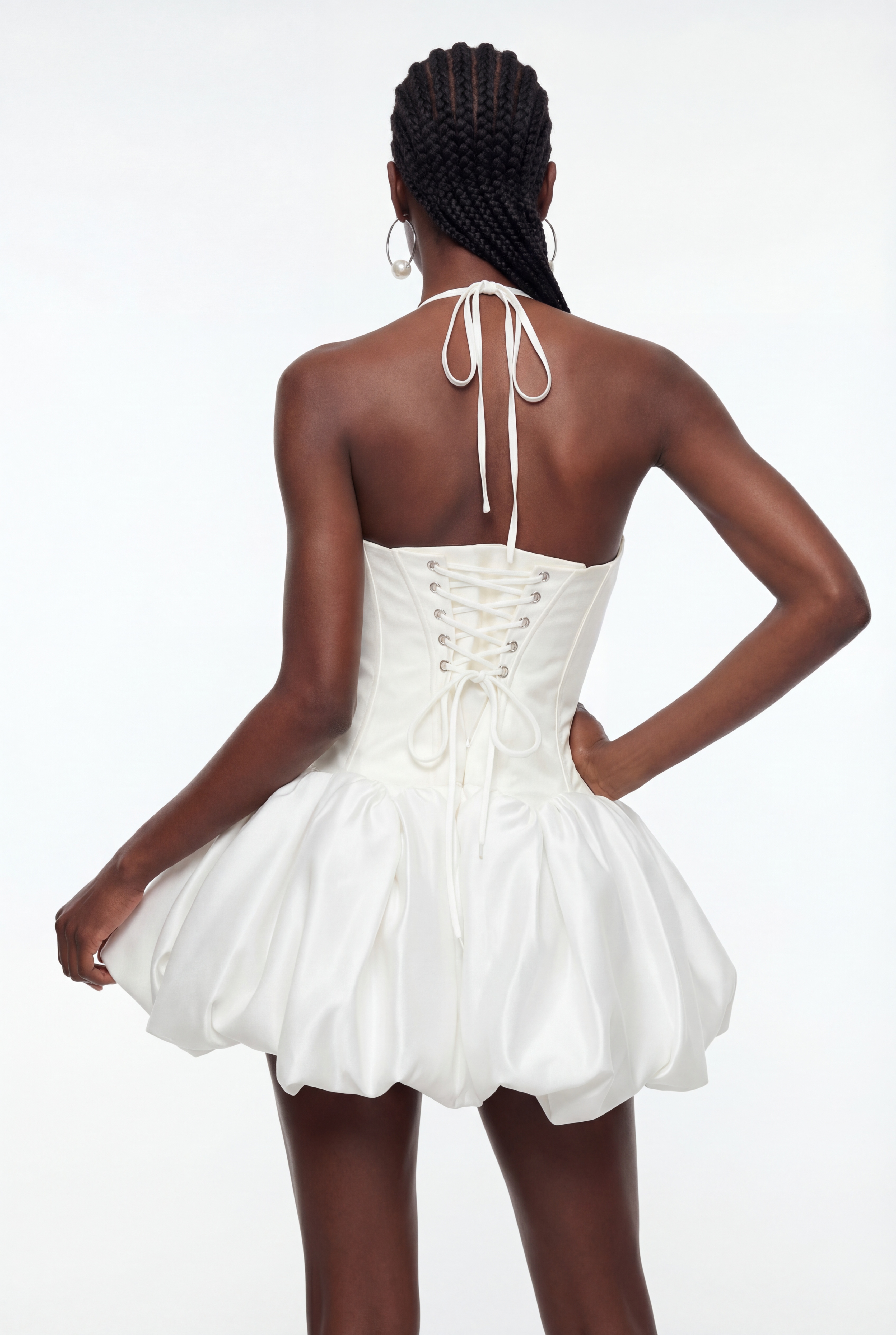 Dimitri Sequin Lace Up Puffy Mini Dress In White
