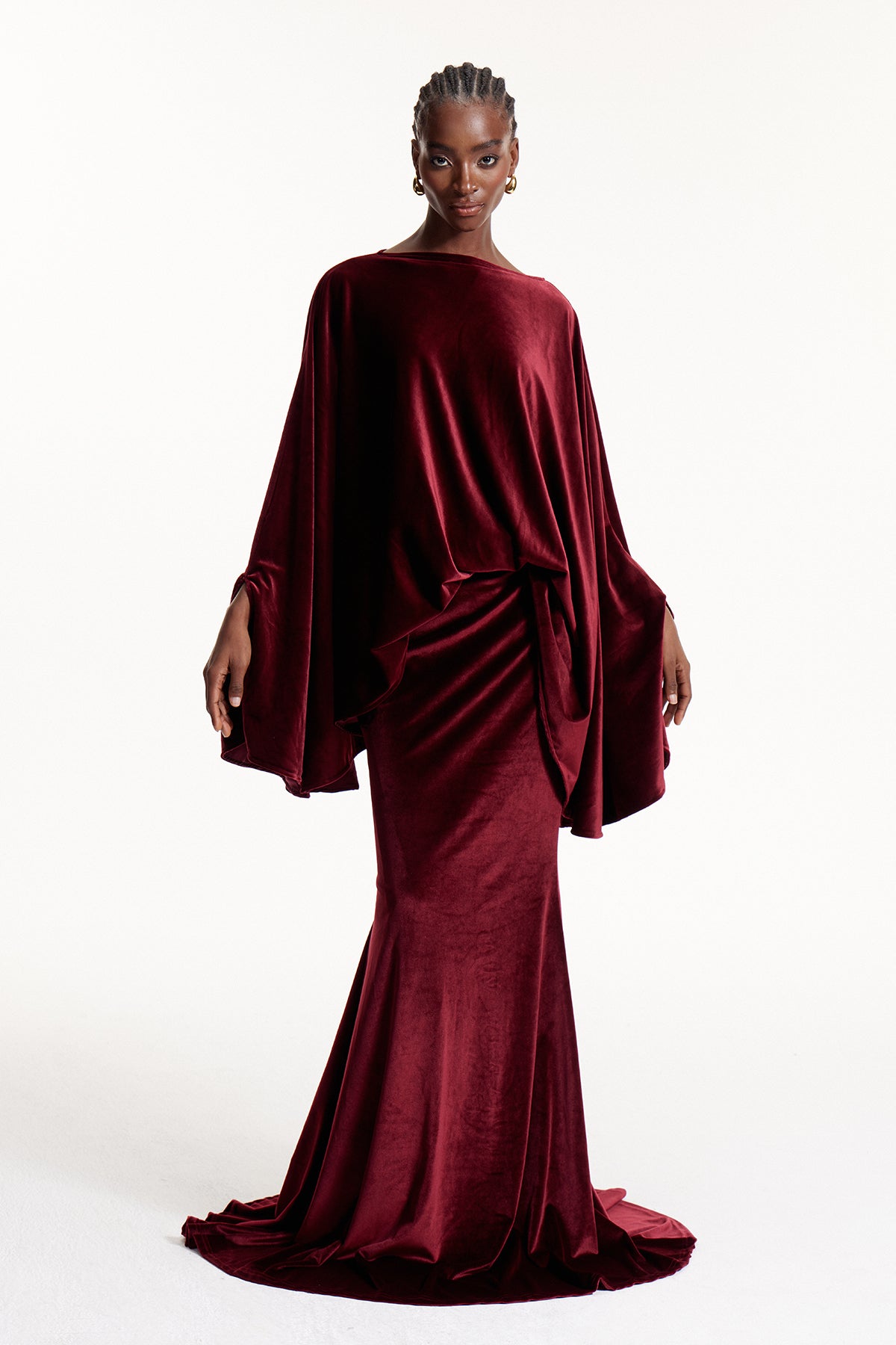 Dixon Cape Sleeve Ruch Velvet Maxi Dress In Wine