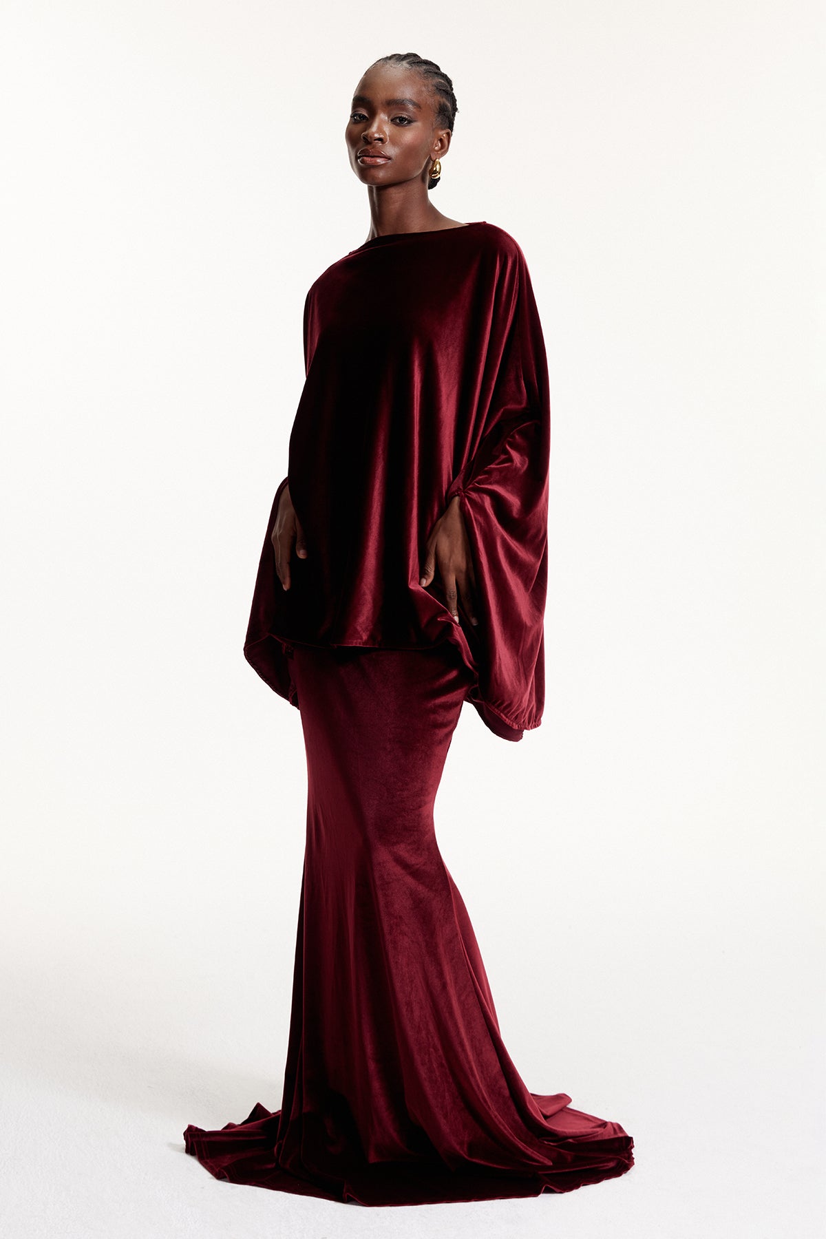 Dixon Cape Sleeve Ruch Velvet Maxi Dress In Wine