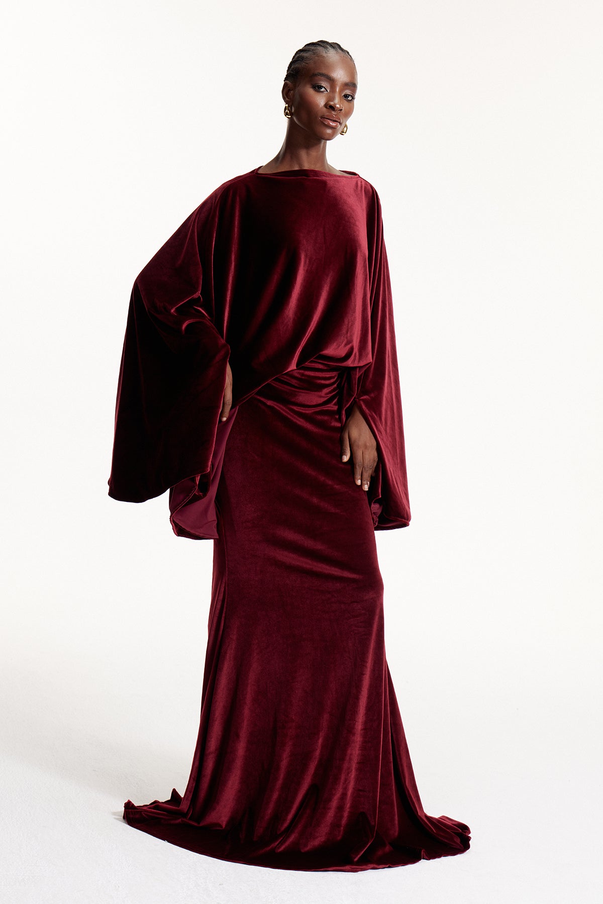 Dixon Cape Sleeve Ruch Velvet Maxi Dress In Wine