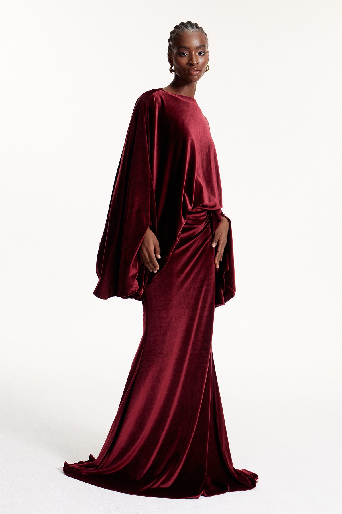 Dixon Cape Sleeve Ruch Velvet Maxi Dress In Wine
