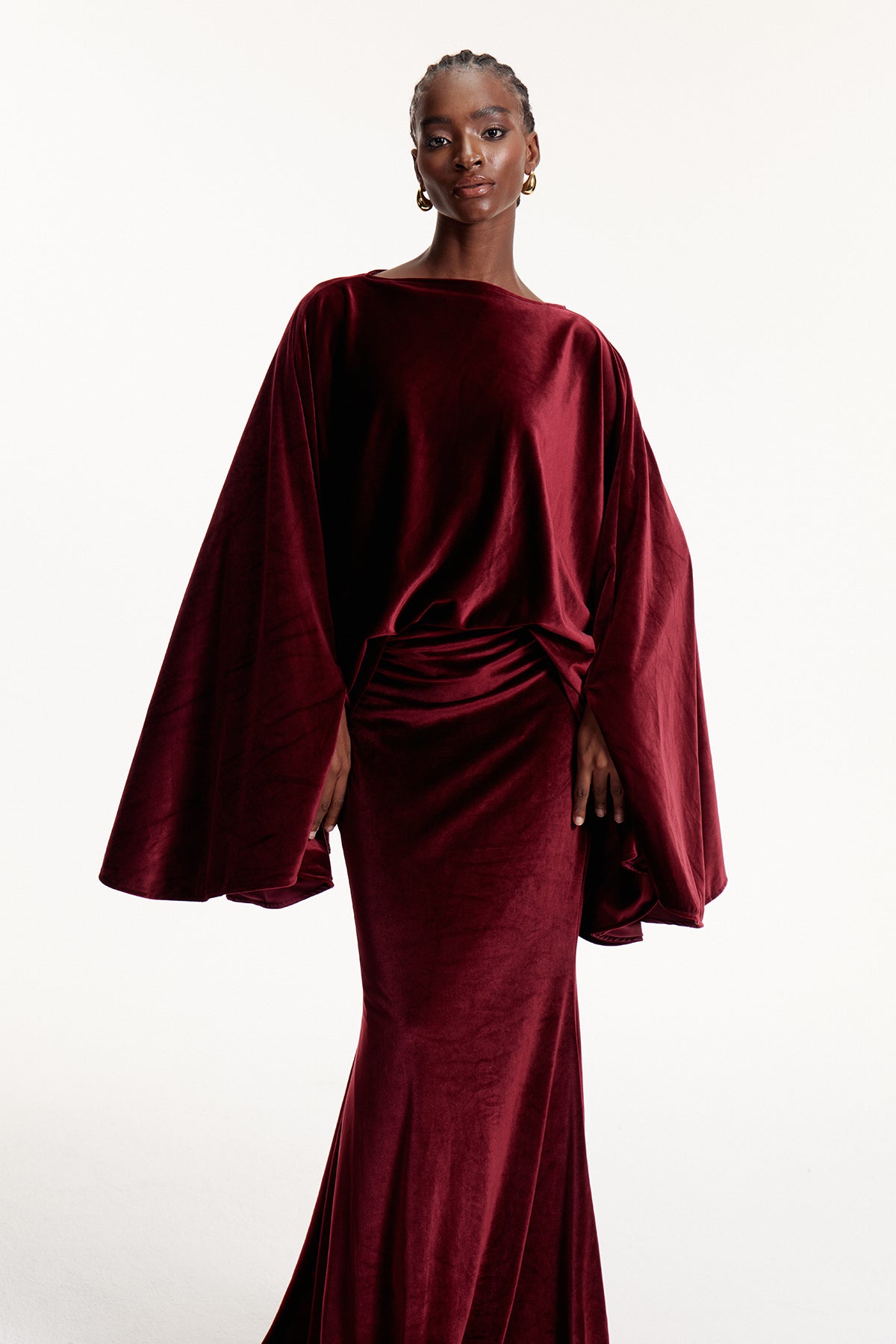 Dixon Cape Sleeve Ruch Velvet Maxi Dress In Wine