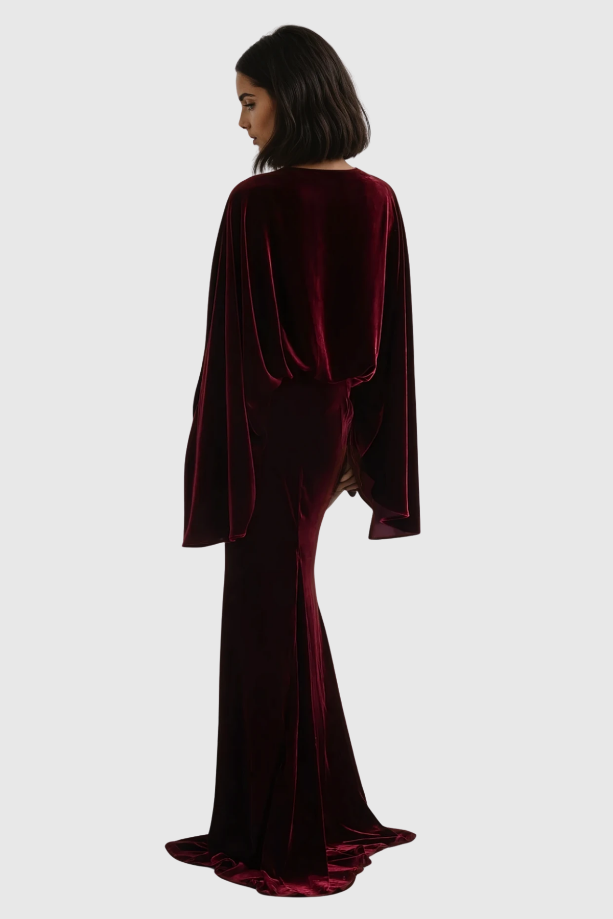 Dixon Cape Sleeve Ruch Velvet Skirt Set In Wine