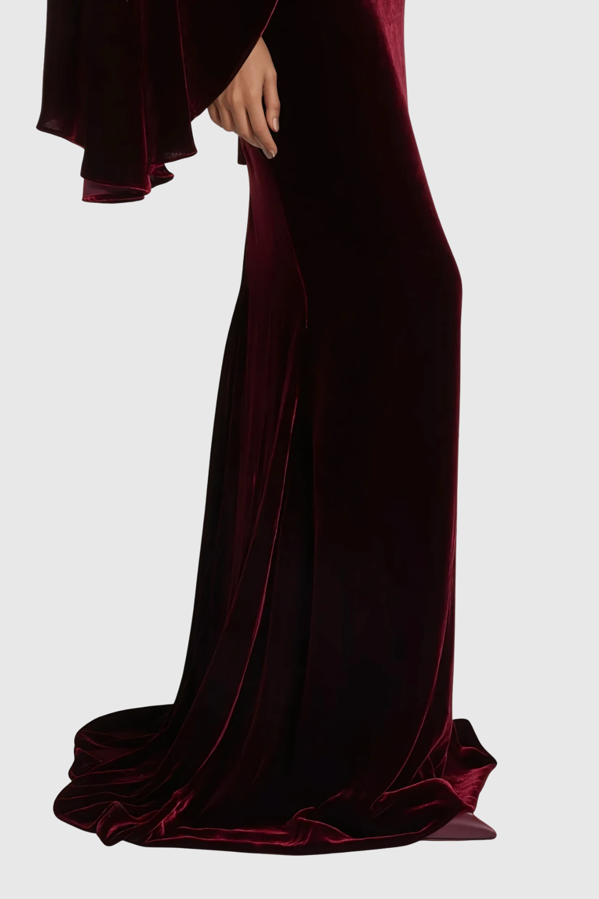 Dixon Cape Sleeve Ruch Velvet Skirt Set In Wine