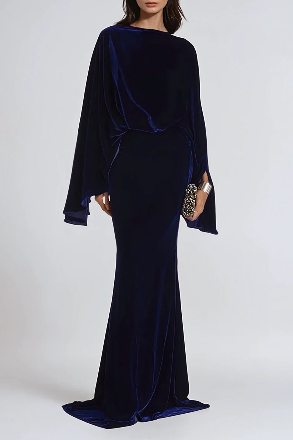 Dixon Cape Sleeve Velvet Skirt Set In Navy