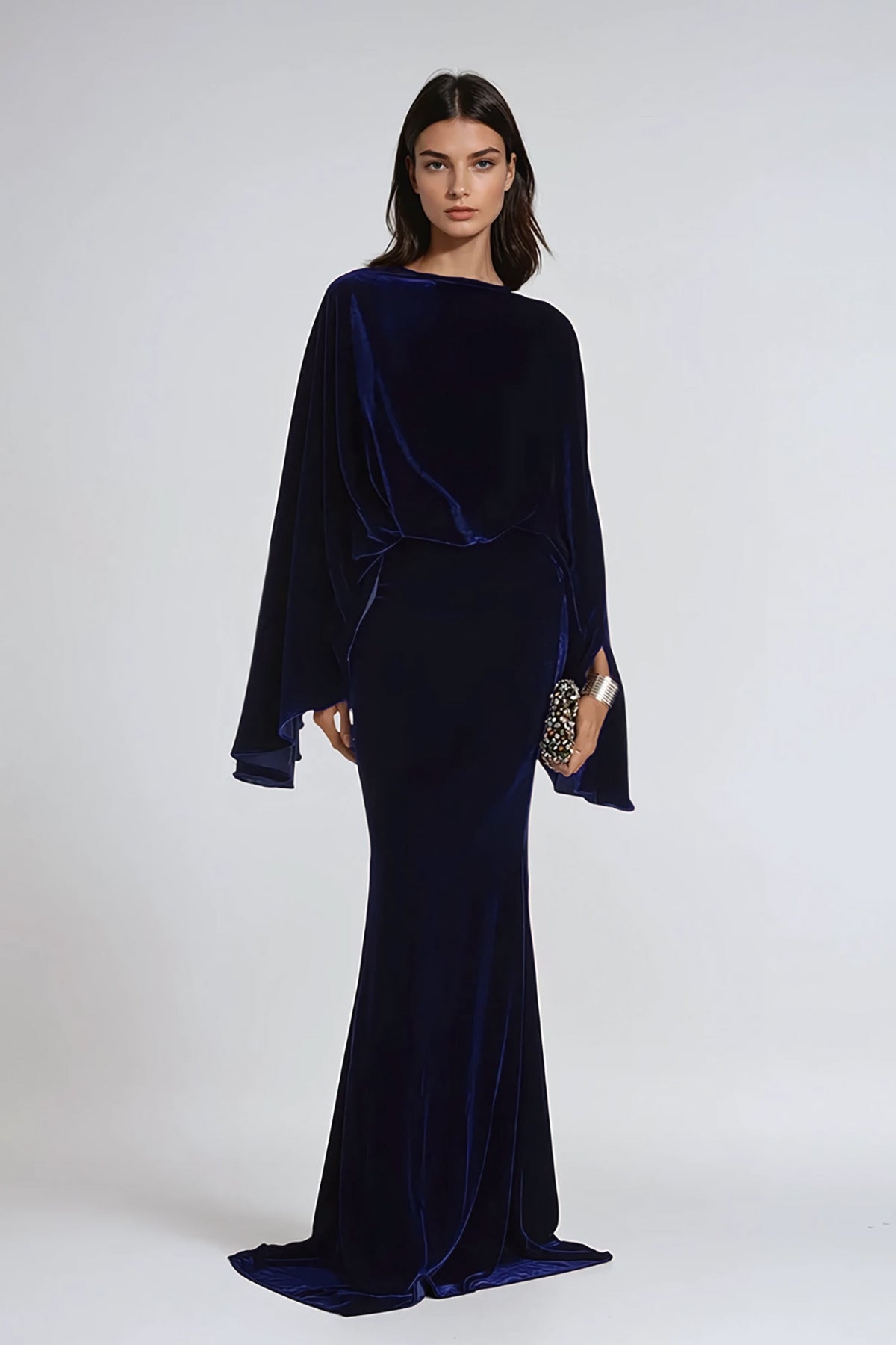 Dixon Cape Sleeve Velvet Skirt Set In Navy