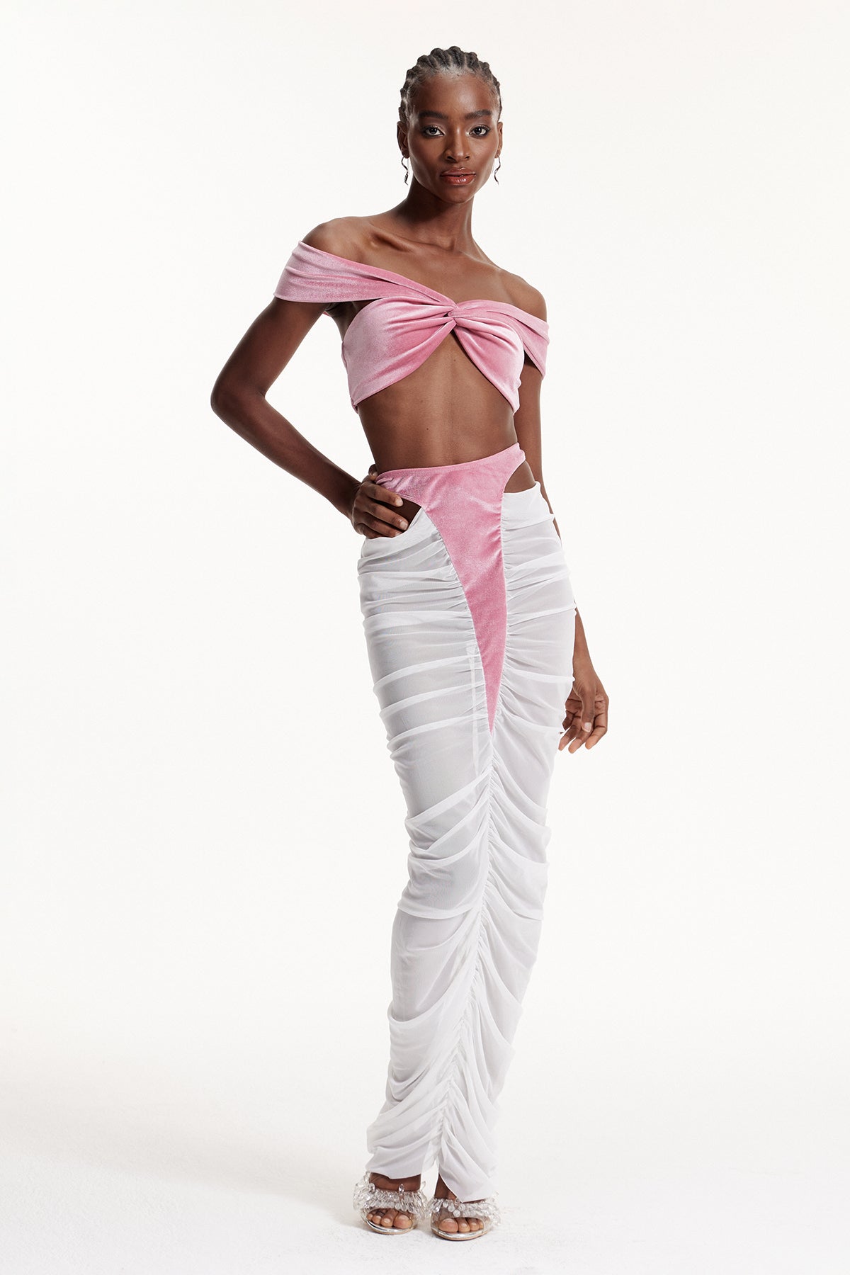 Dobri Crop Cutout Mesh Skirt Set In Pink