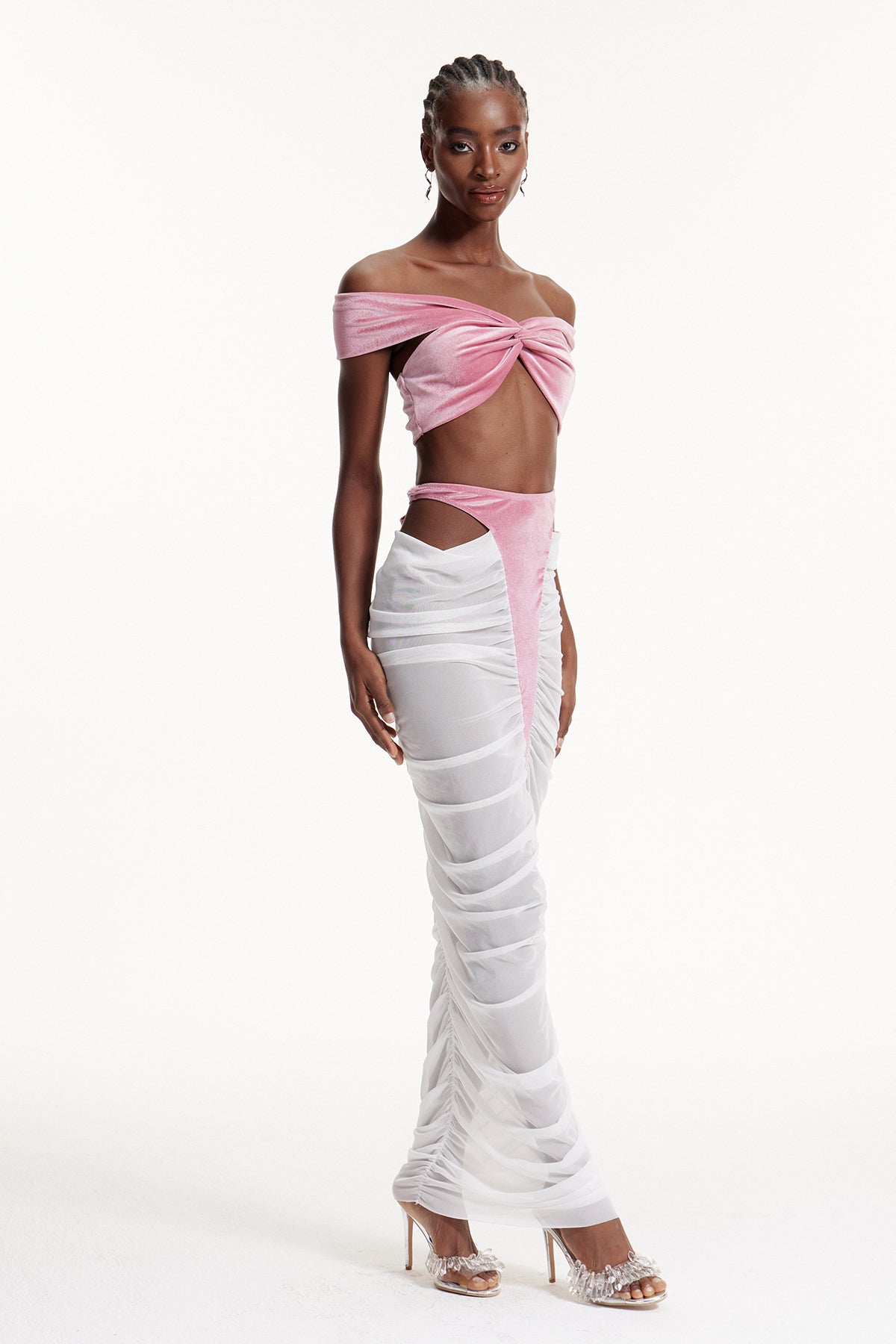 Dobri Crop Cutout Mesh Skirt Set In Pink