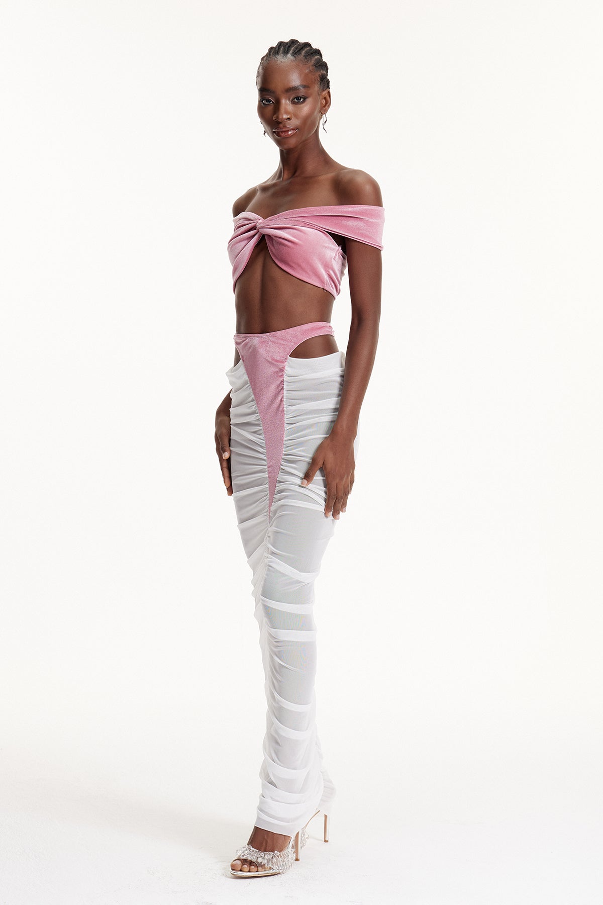 Dobri Crop Cutout Mesh Skirt Set In Pink