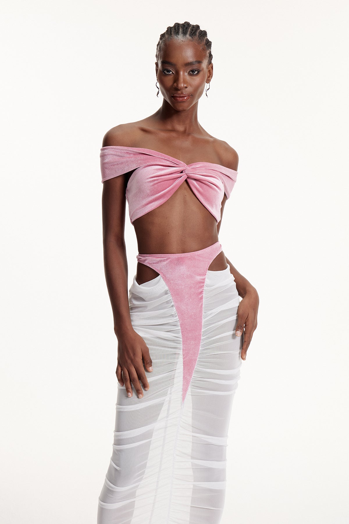 Dobri Crop Cutout Mesh Skirt Set In Pink