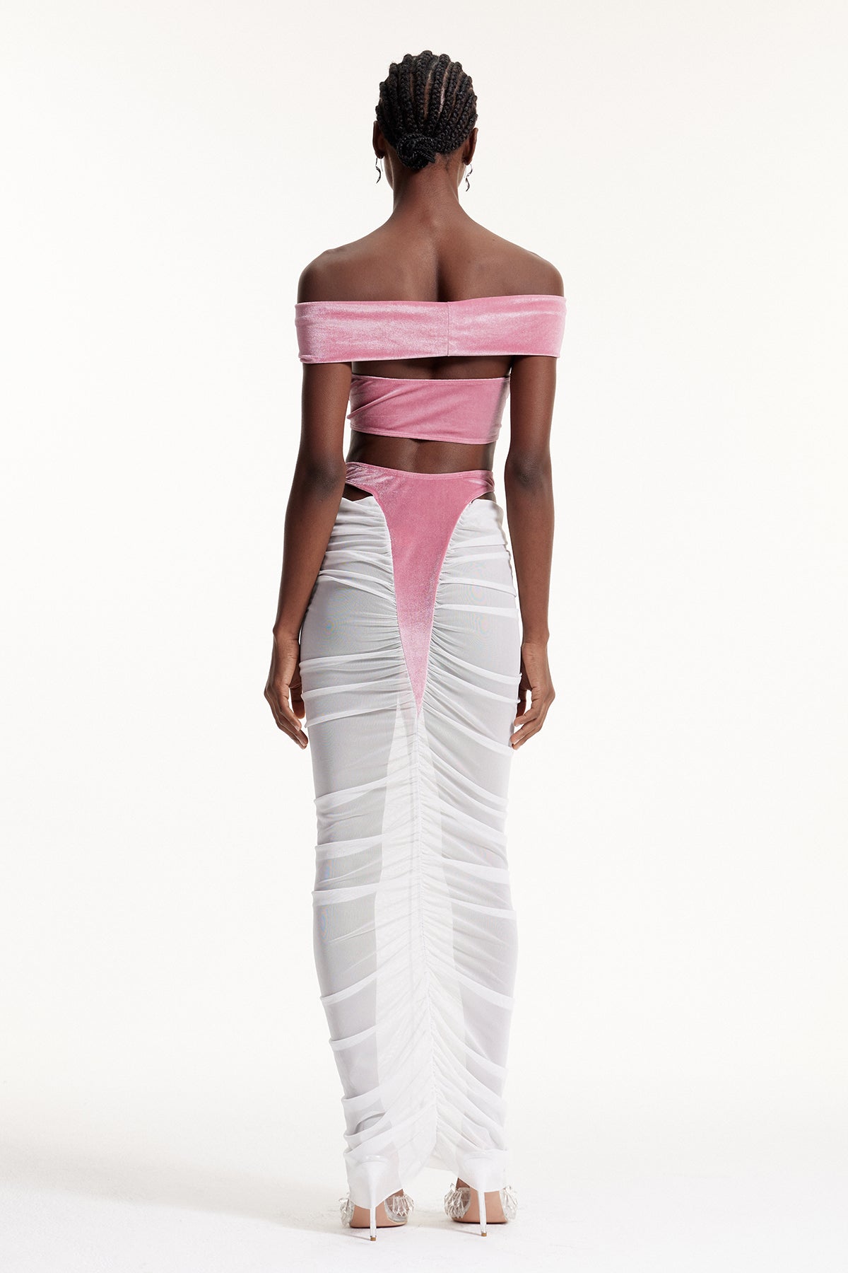 Dobri Crop Cutout Mesh Skirt Set In Pink