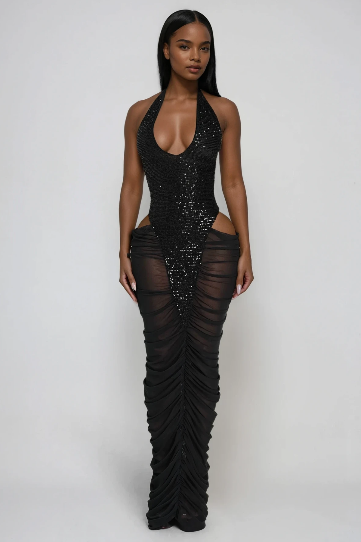 Dobri Sequin Cutout Mesh Maxi Dress In Black