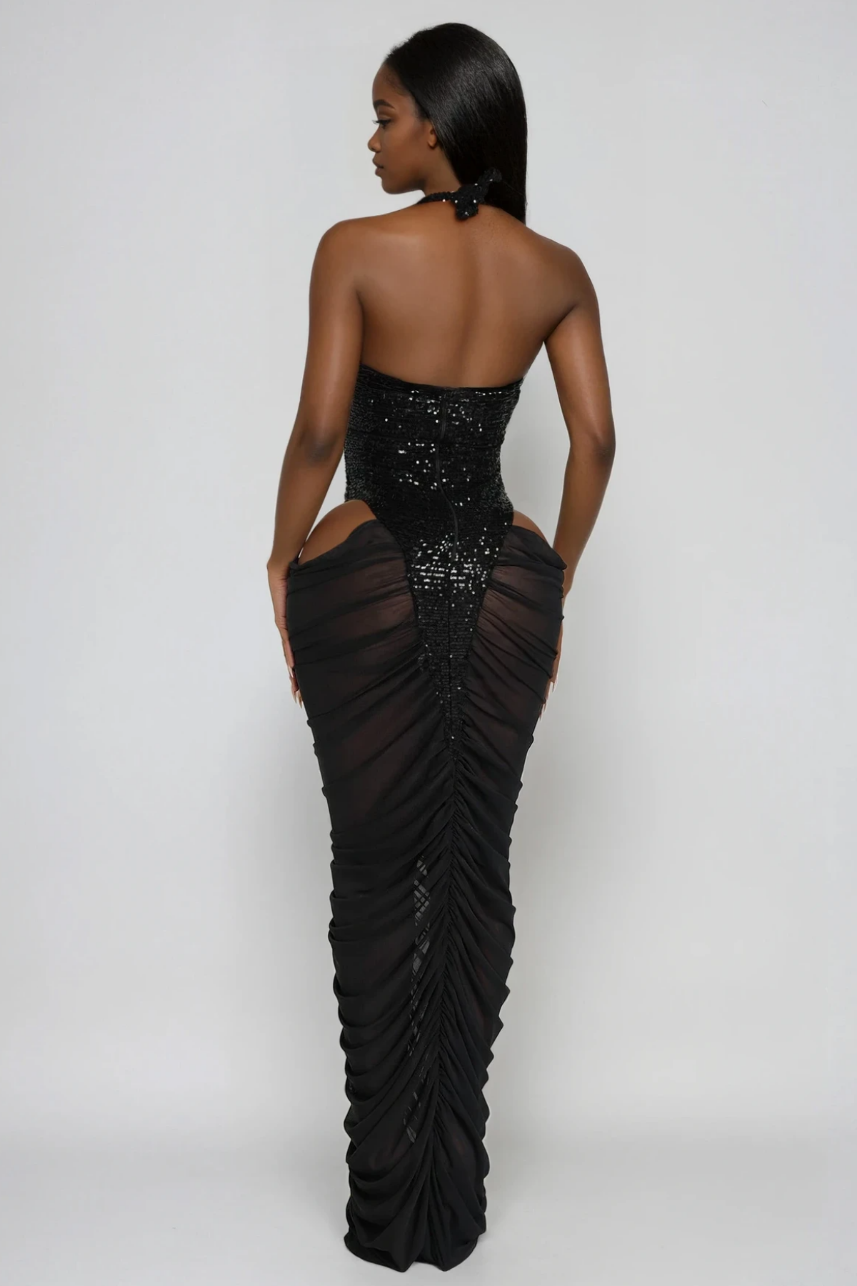 Dobri Sequin Cutout Mesh Maxi Dress In Black