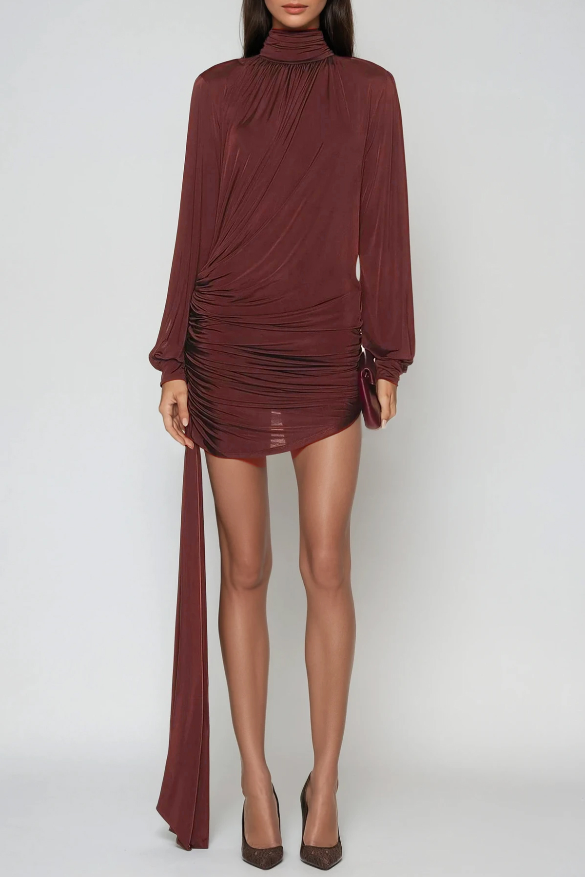 Domenica High Neck Ruch Fringe Mini Dress