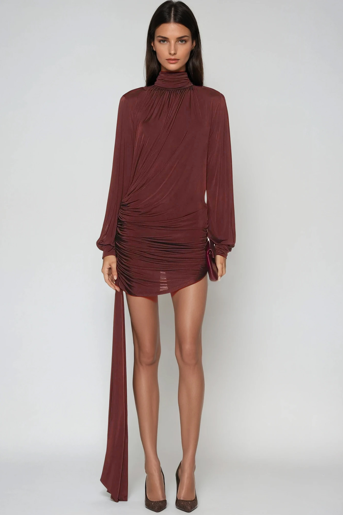 Domenica High Neck Ruch Fringe Mini Dress