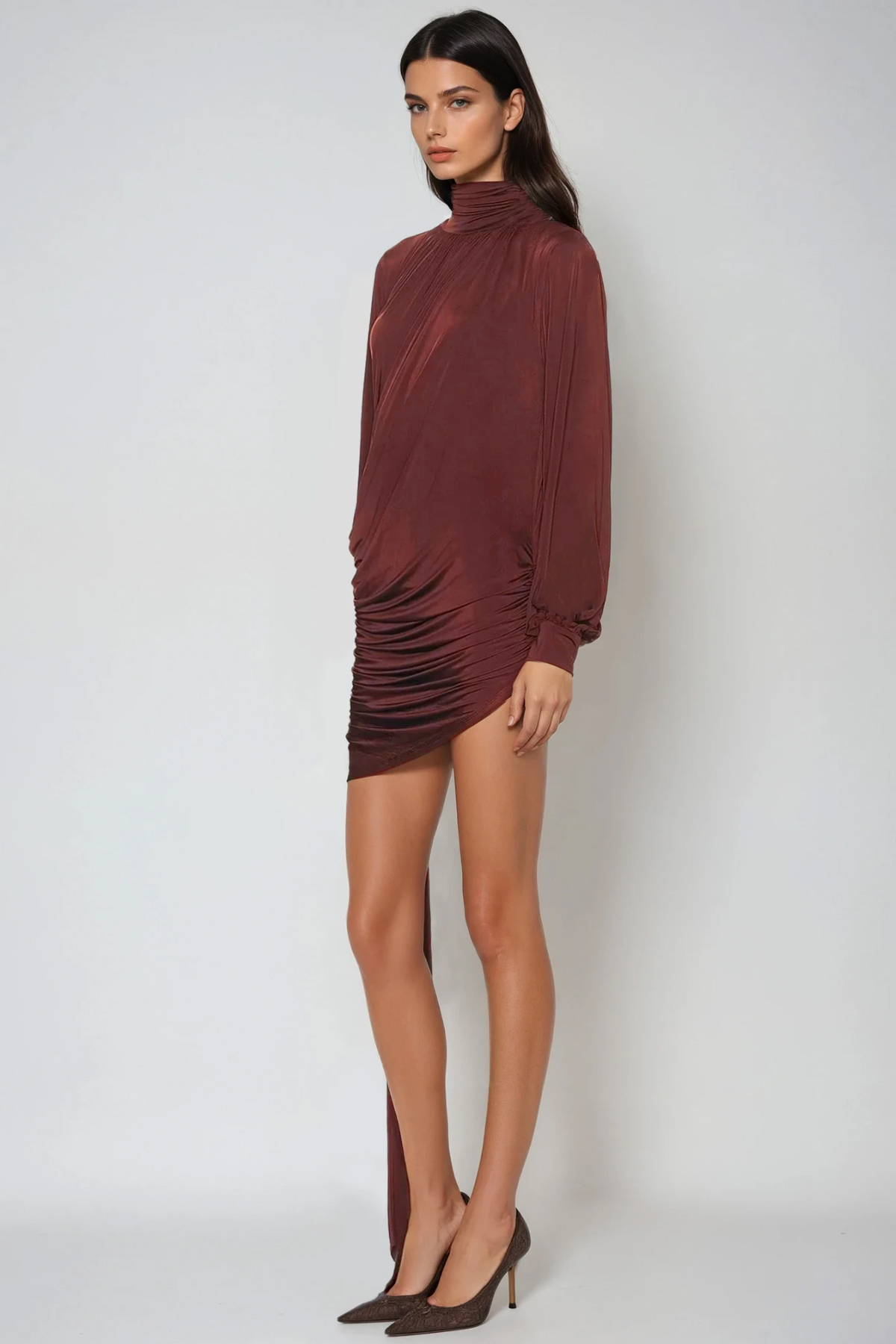 Domenica High Neck Ruch Fringe Mini Dress