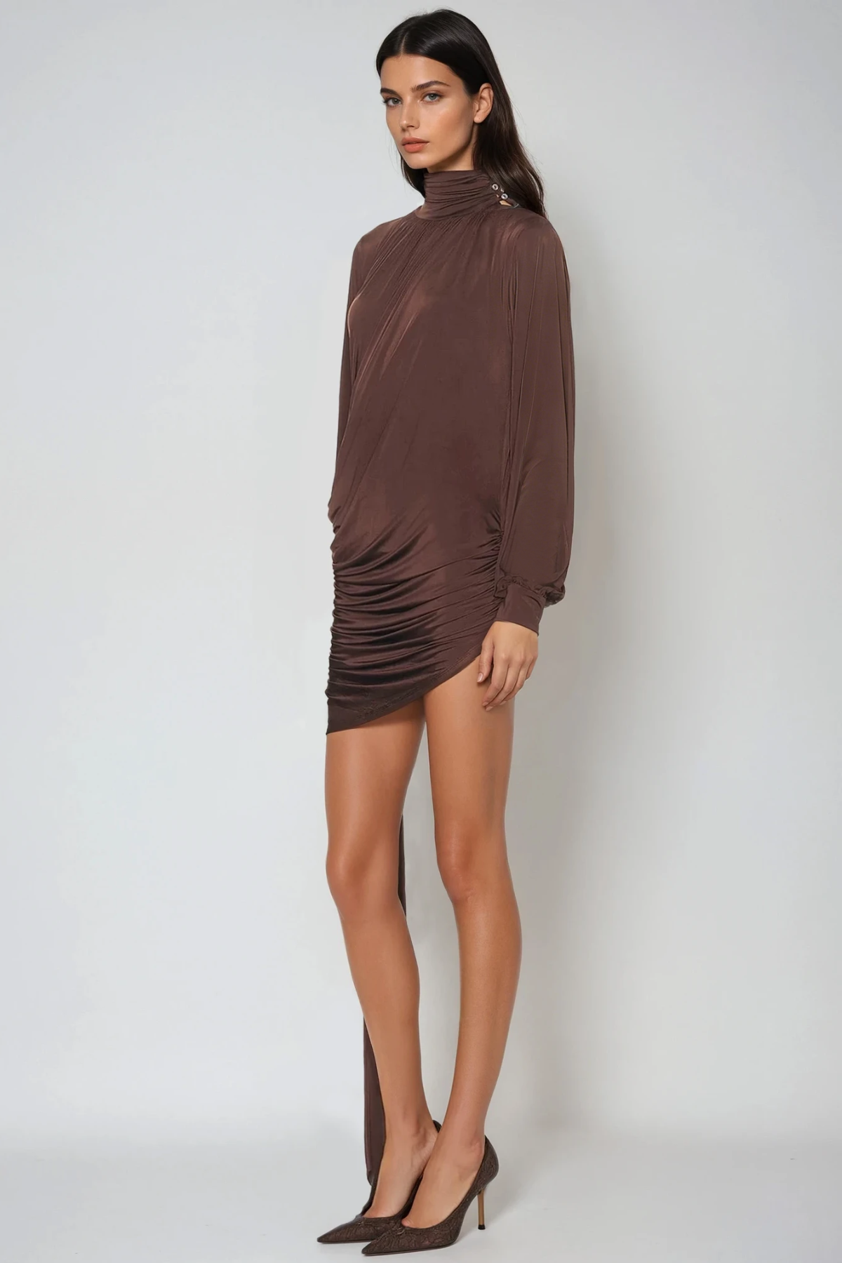 Domenica High Neck Ruch Fringe Mini Dress
