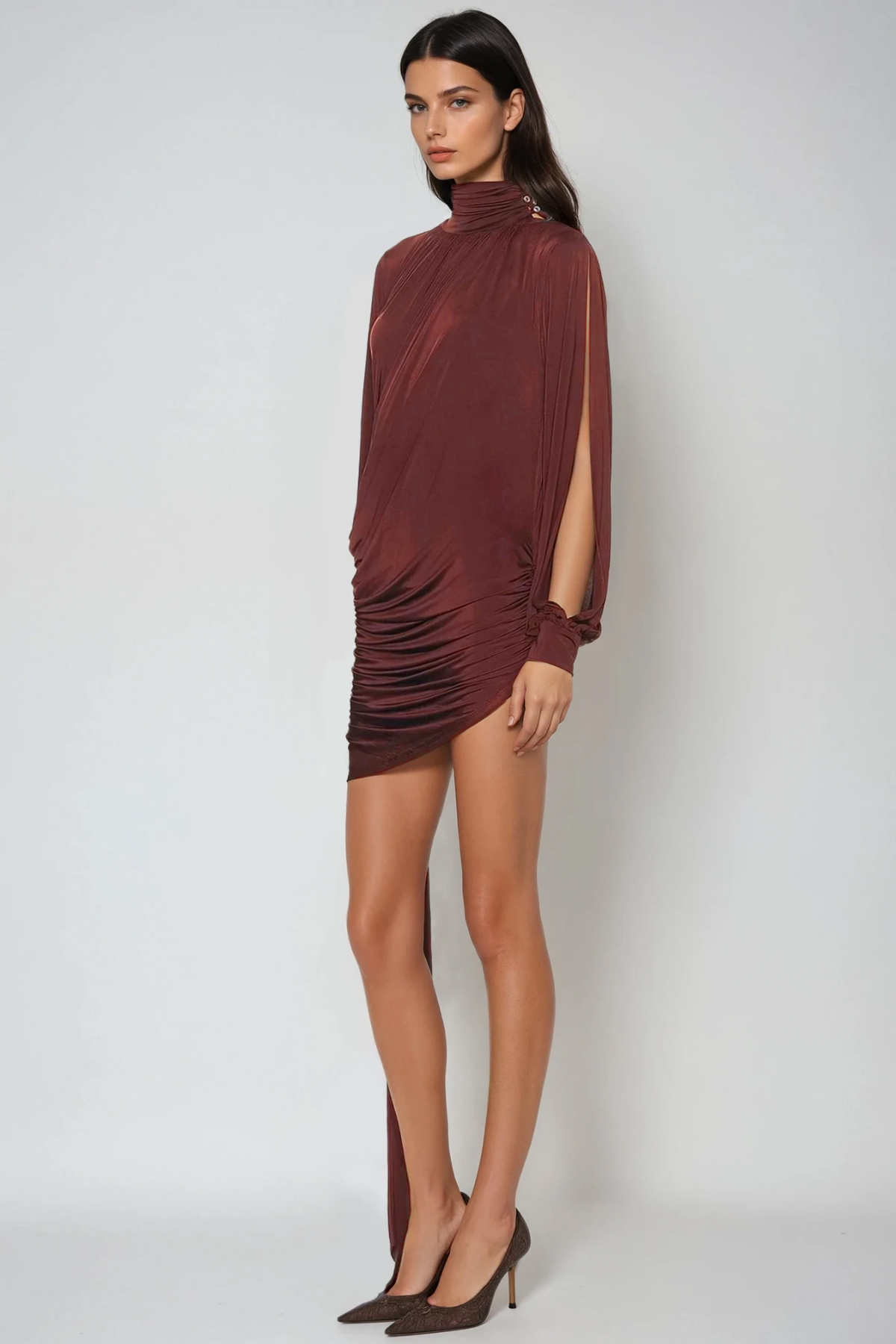 Domenica High Neck Ruch Fringe Mini Dress