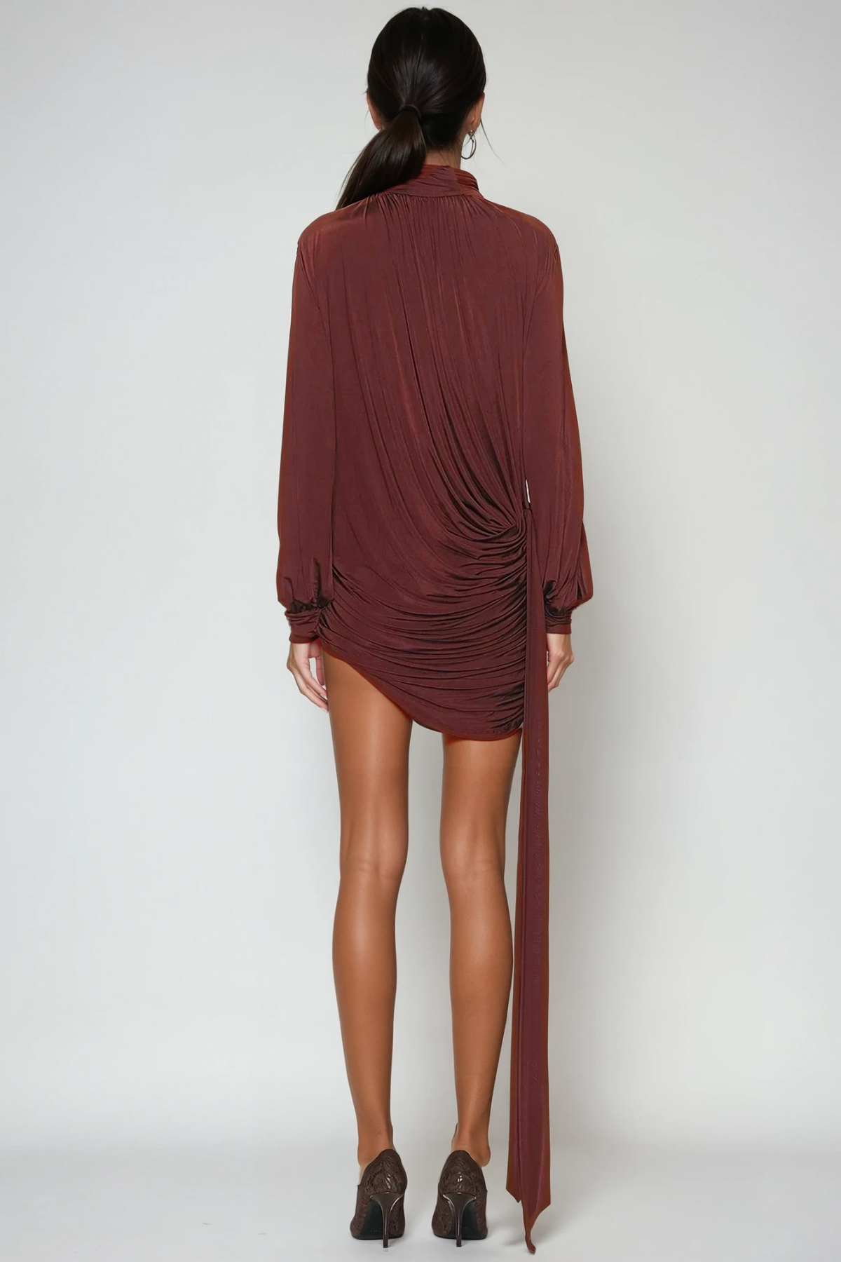 Domenica High Neck Ruch Fringe Mini Dress