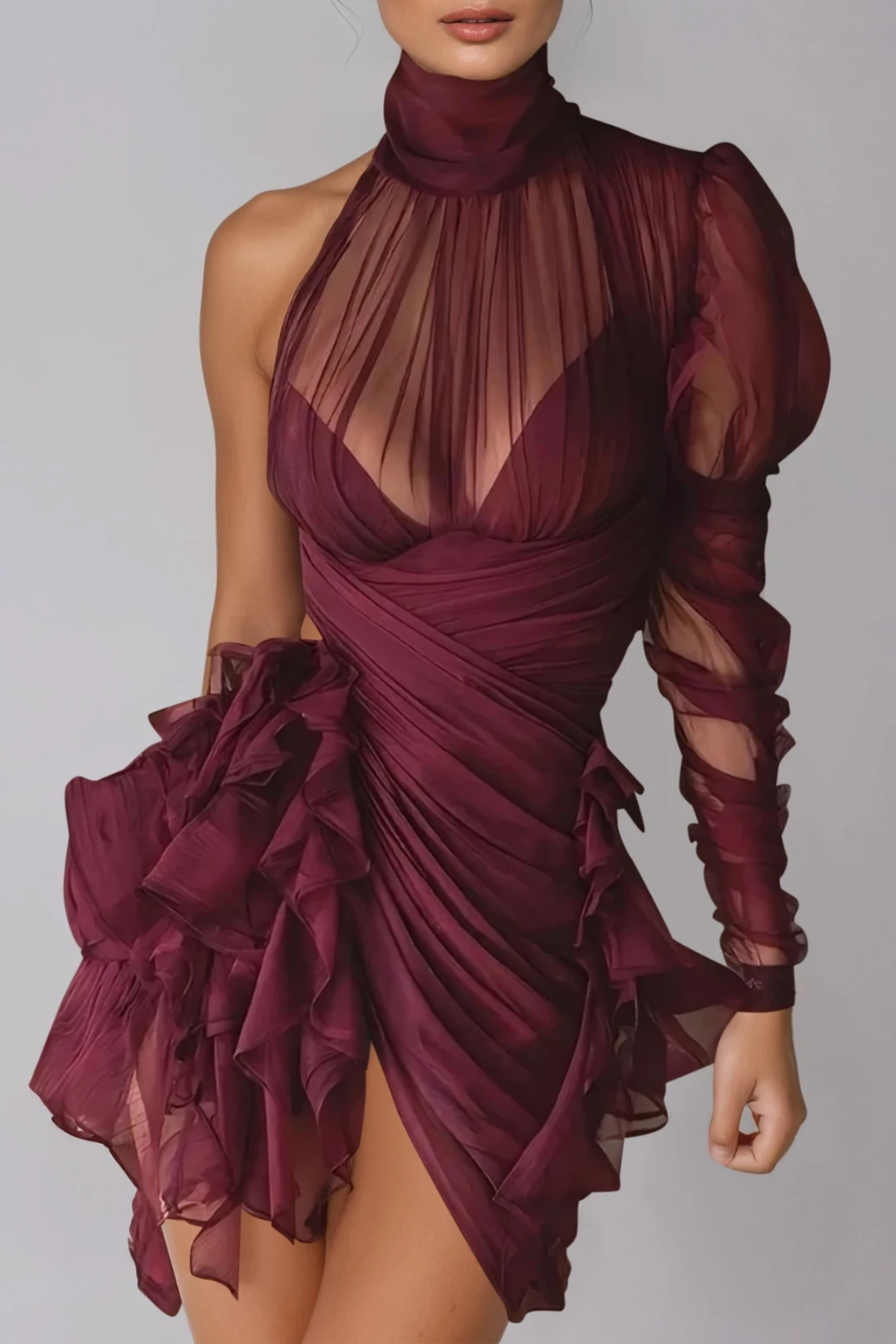 Domitilla One Shoulder Ruffle Mesh Mini Dress