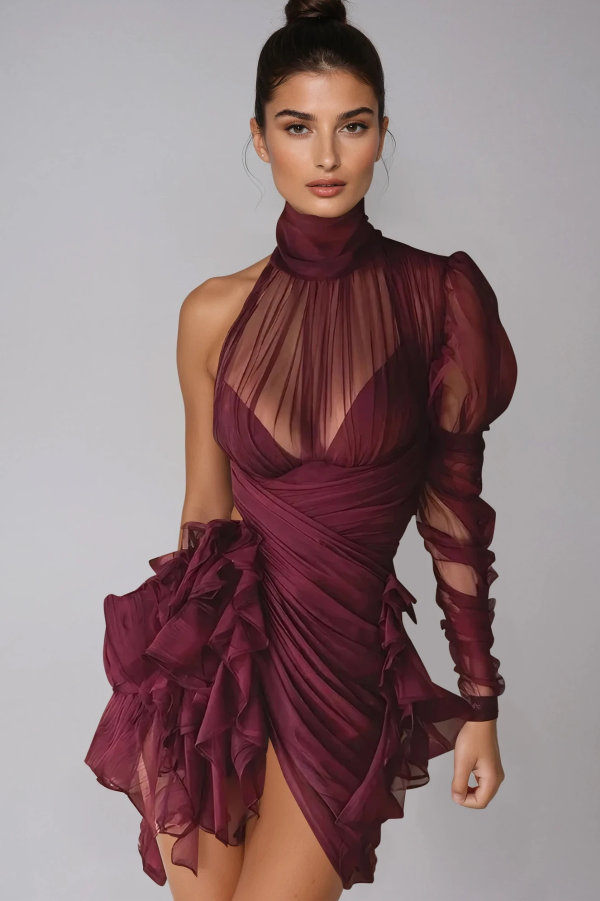 Domitilla One Shoulder Ruffle Mesh Mini Dress