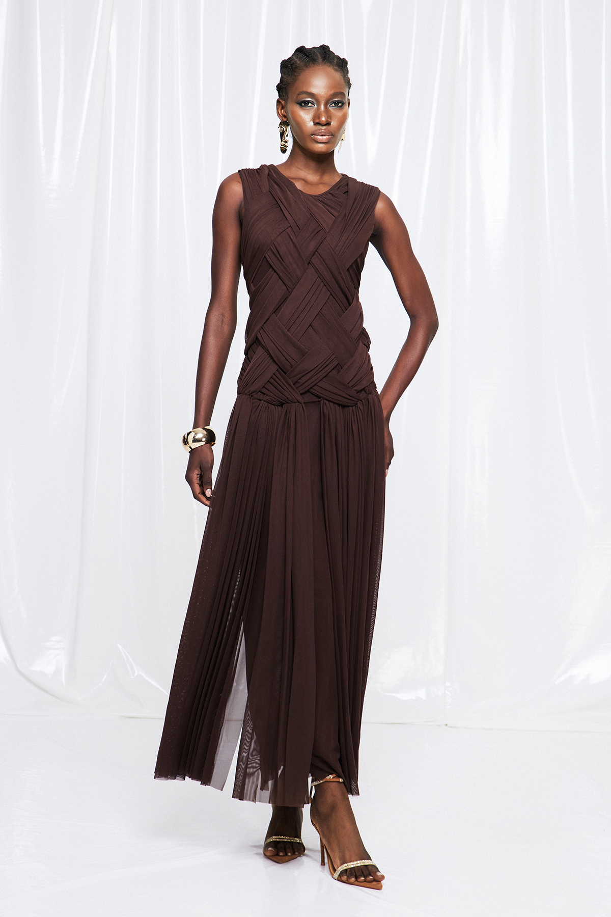 Domnina Sleeveless Ruch High Split Maxi Dress
