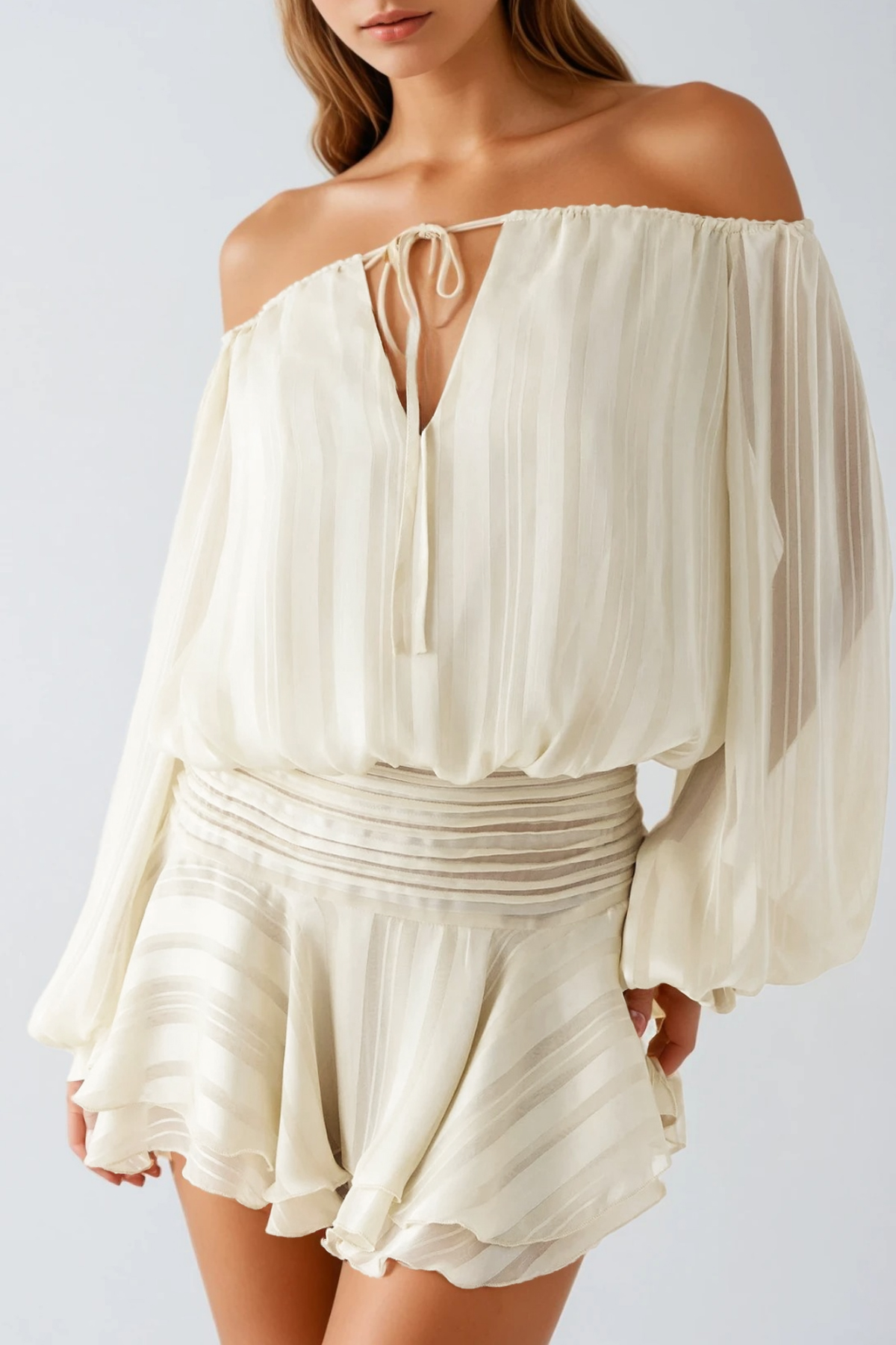 Dorota Off Shoulder Ruch Stripe Mini Dress In Apricot