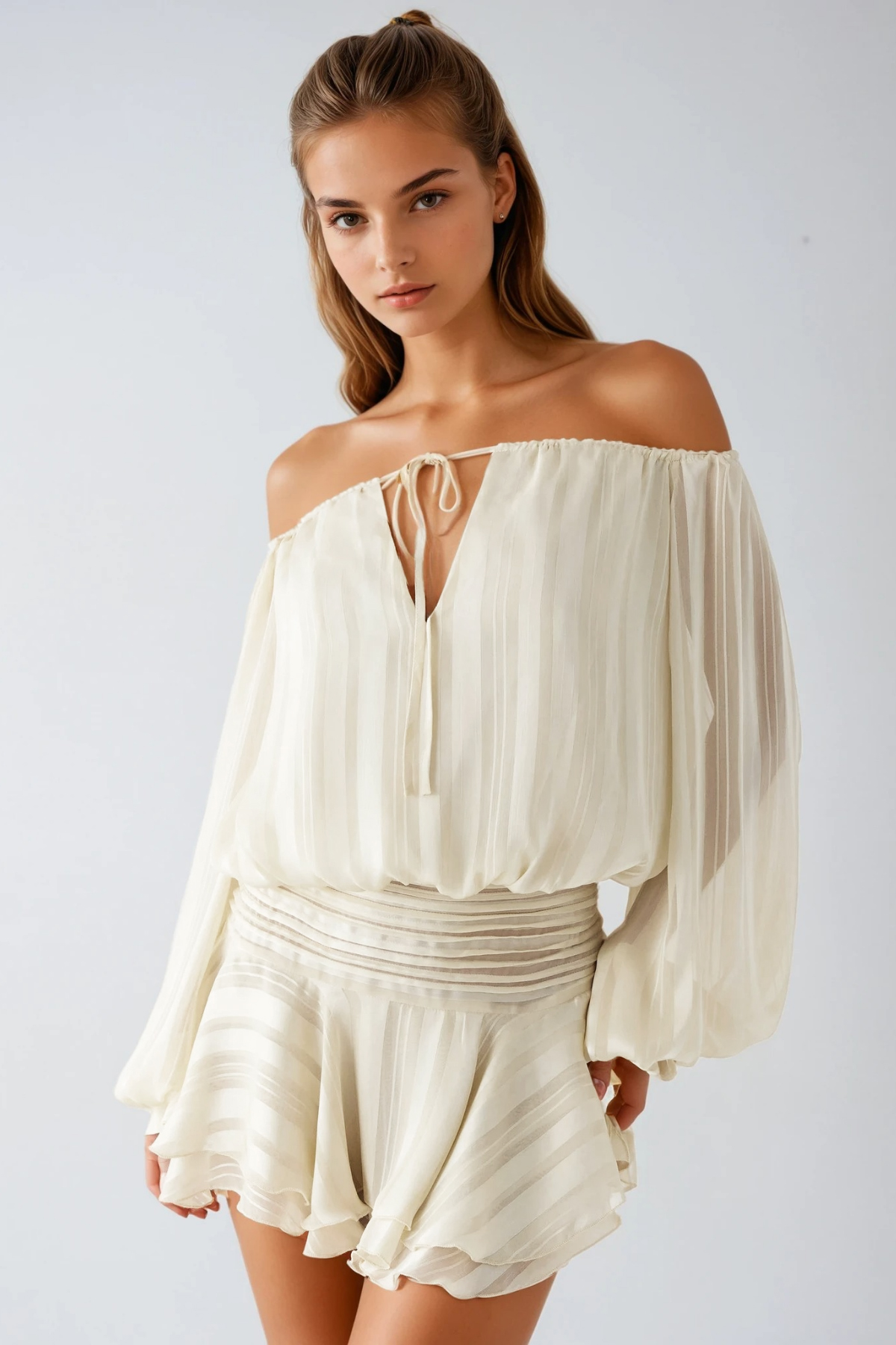 Dorota Off Shoulder Ruch Stripe Mini Dress In Apricot