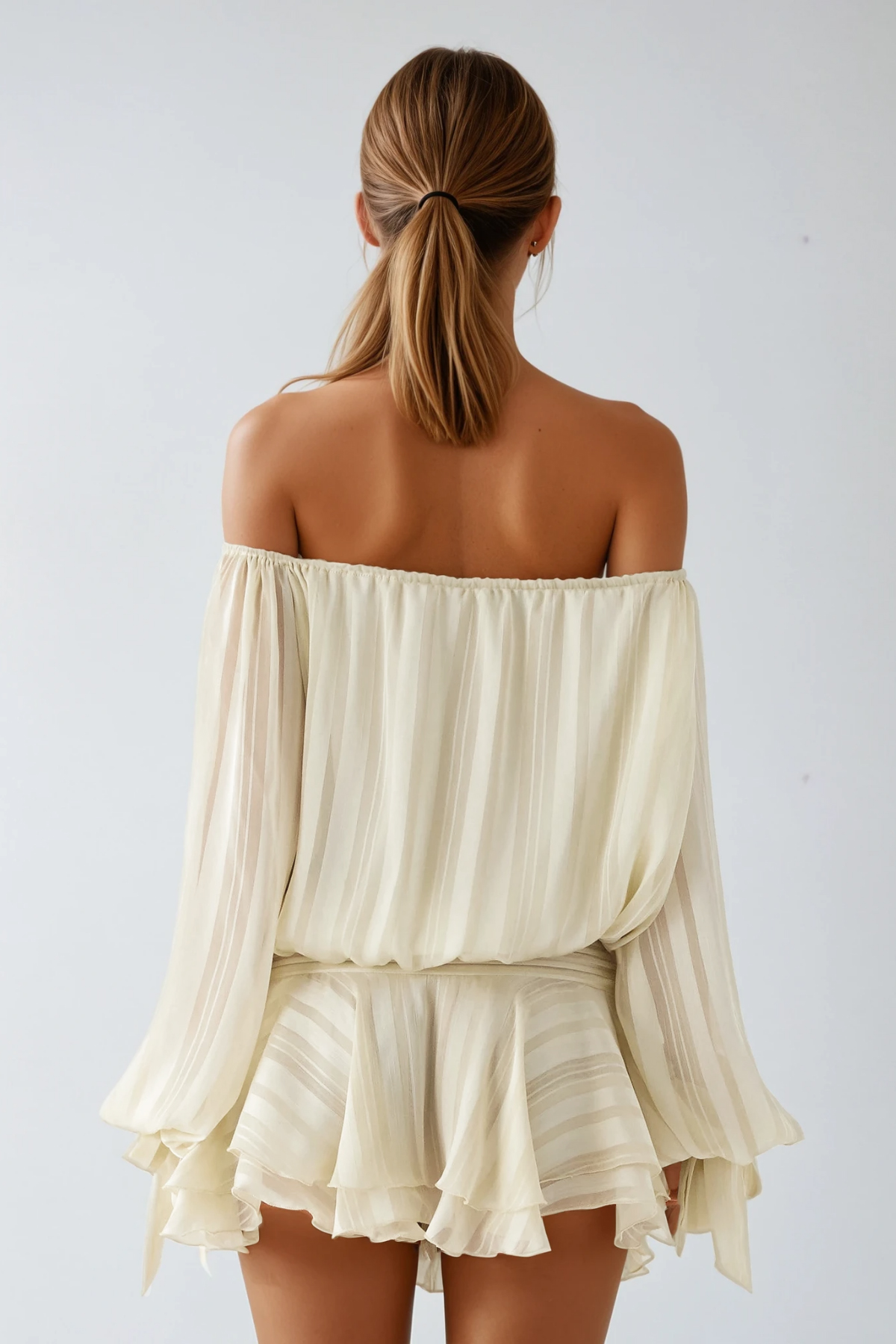 Dorota Off Shoulder Ruch Stripe Mini Dress In Apricot