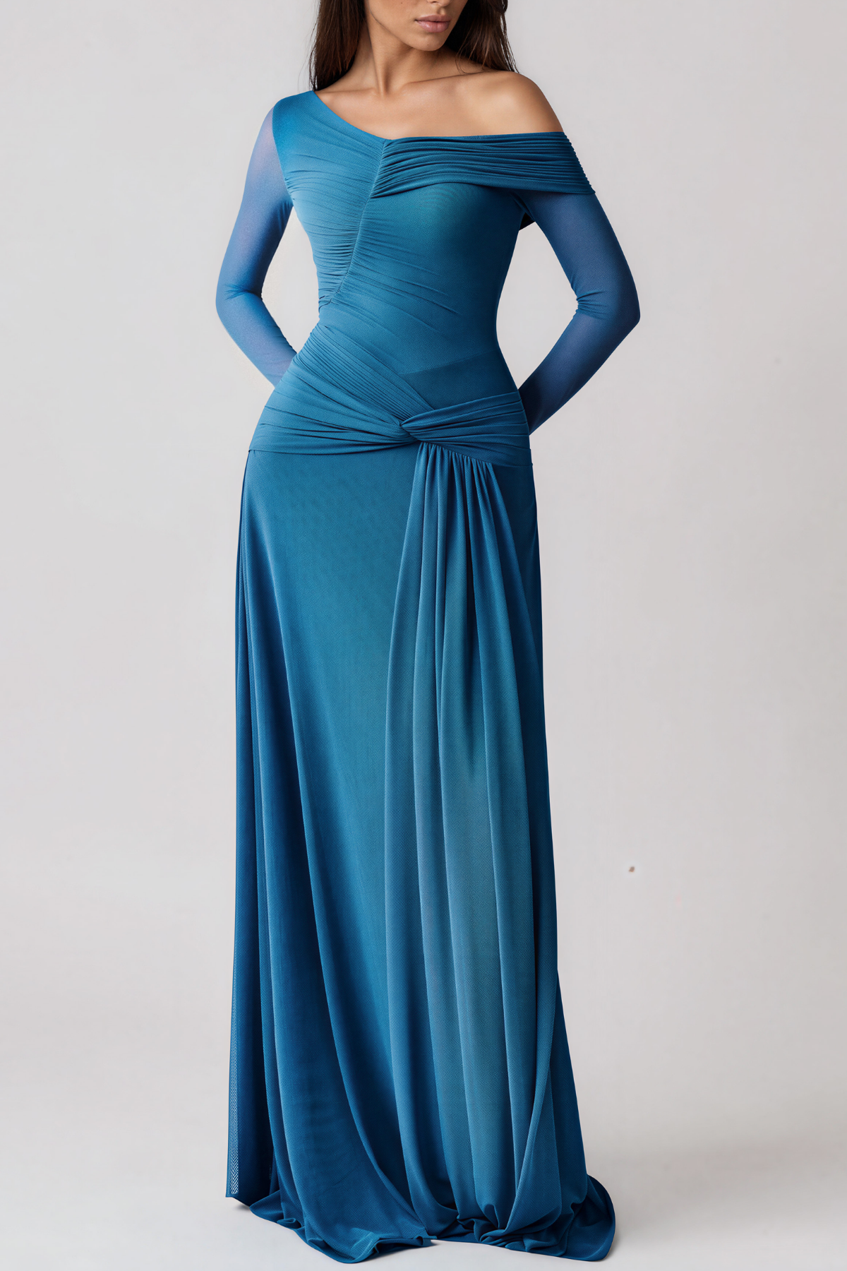 Douglass One Shoulder Ruch Fringe Maxi Dress