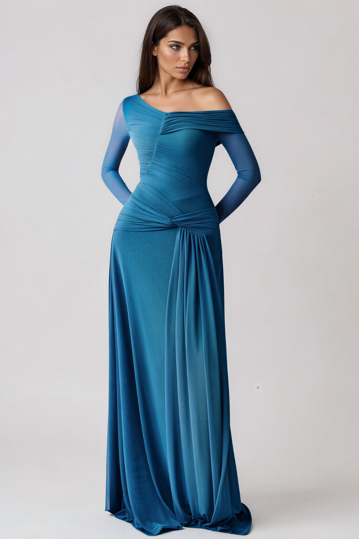 Douglass One Shoulder Ruch Fringe Maxi Dress