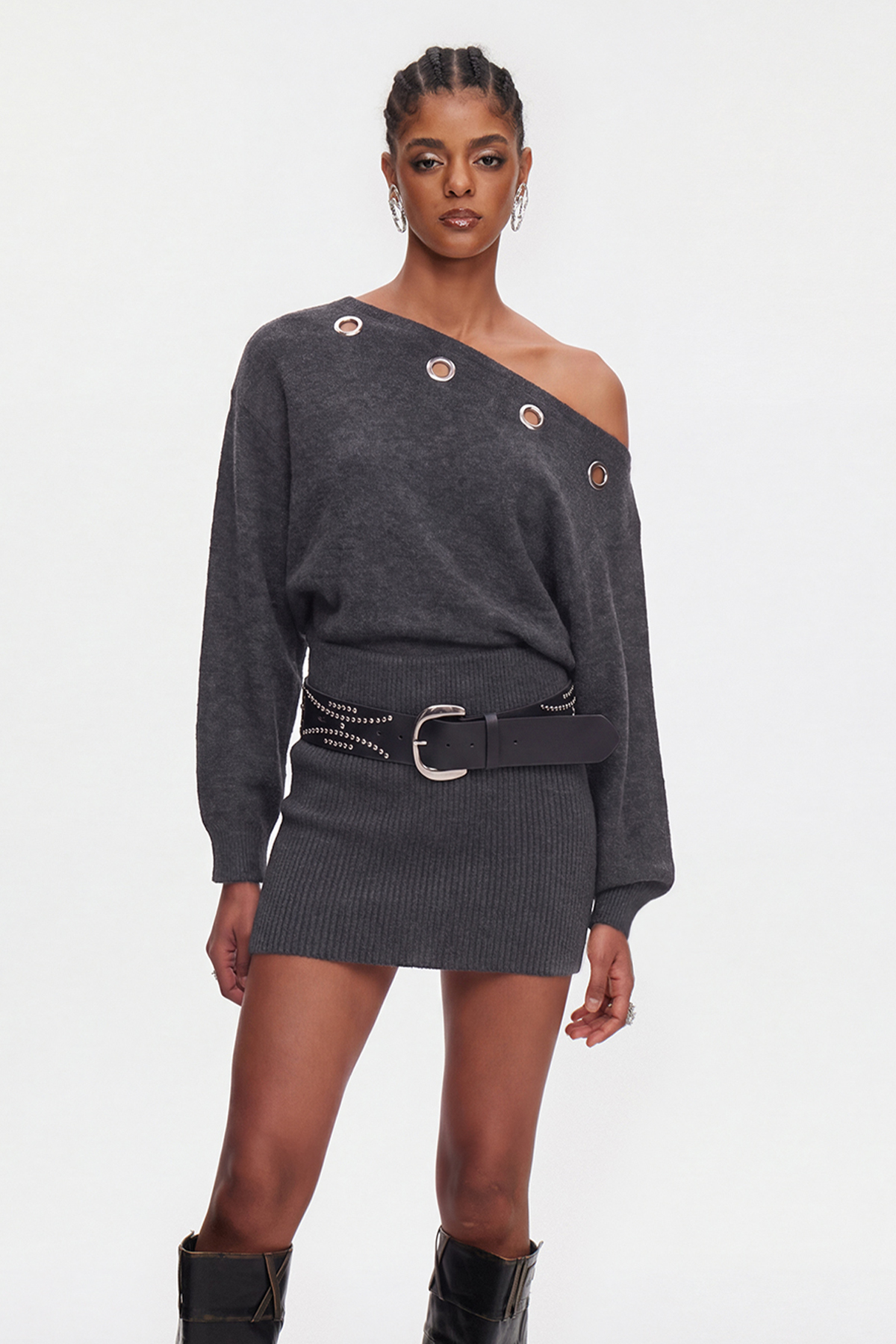 Dov Eyelet Knit Mini Dress In Grey