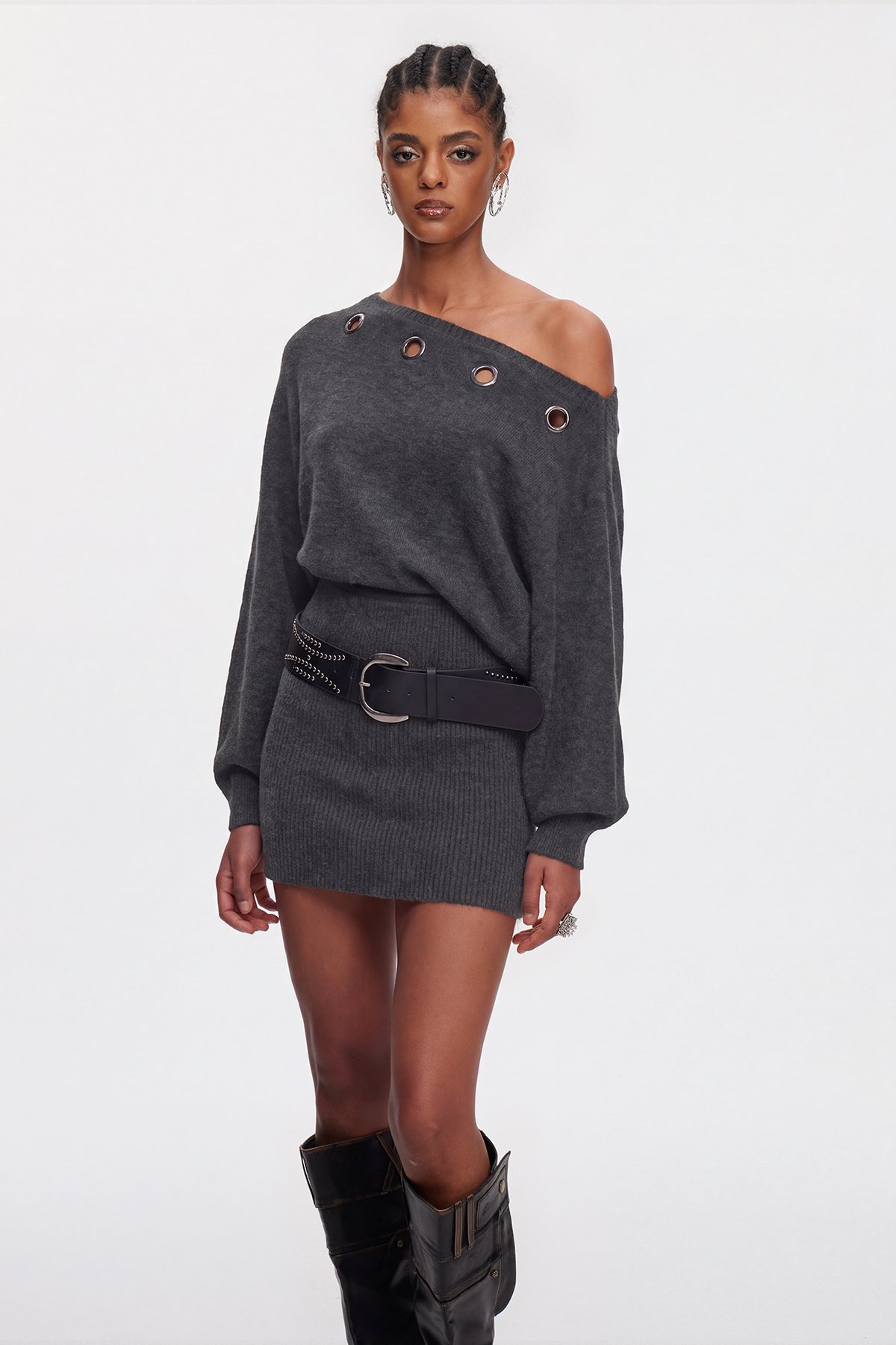 Dov Eyelet Knit Mini Dress In Grey