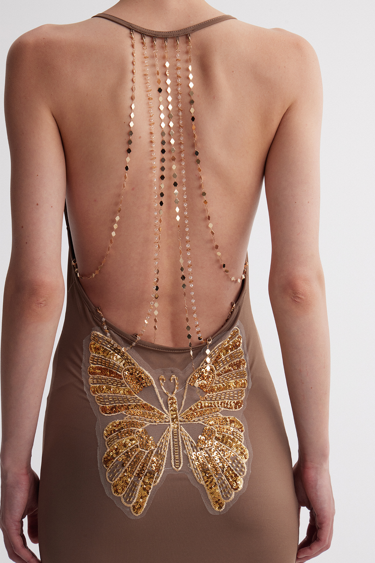 Drika Backless Chain Sequin Maxi Dress