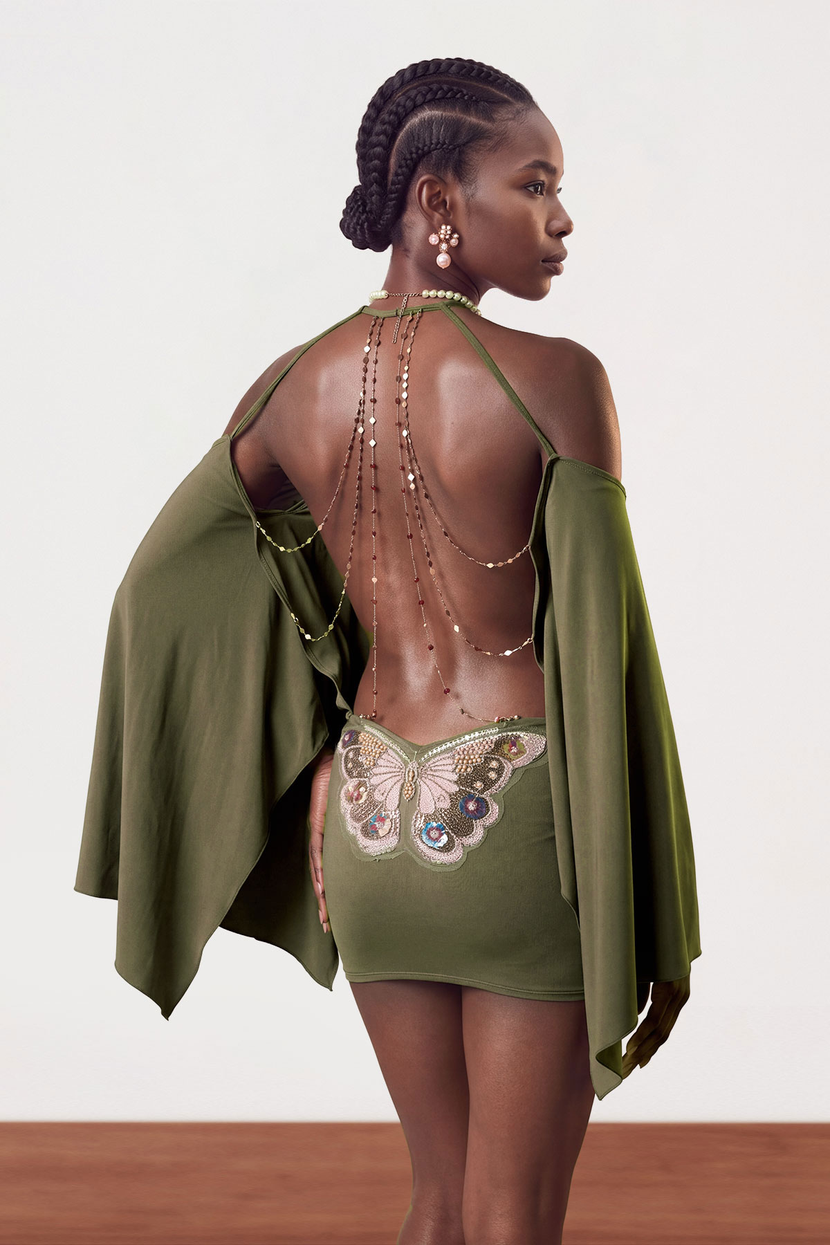 Drika Backless Chain Sequin Mini Dress In Green