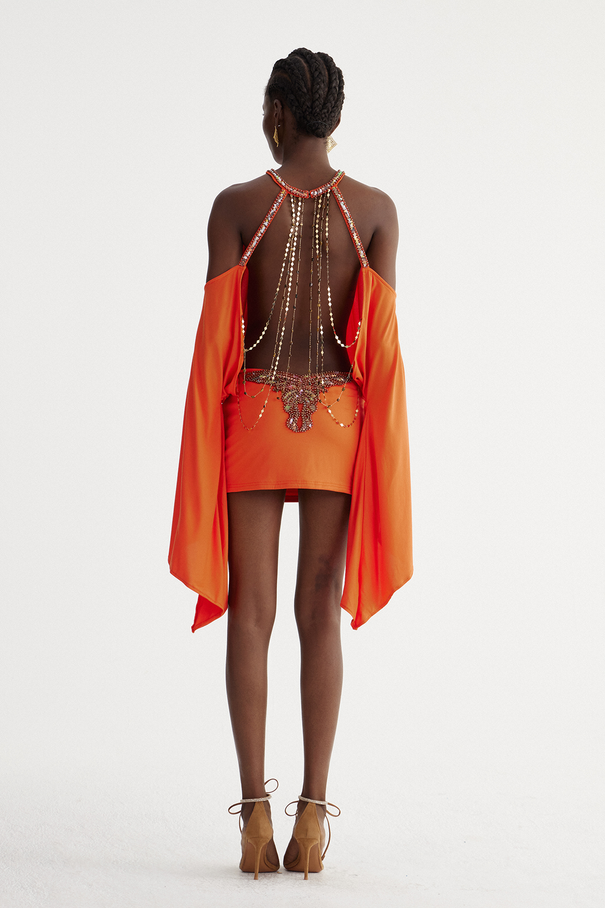 Drika Backless Chain Sequin Mini Dress In Orange