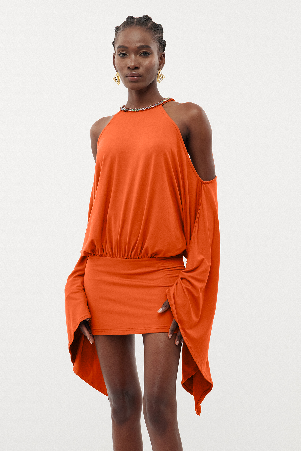 Drika Backless Chain Sequin Mini Dress In Orange