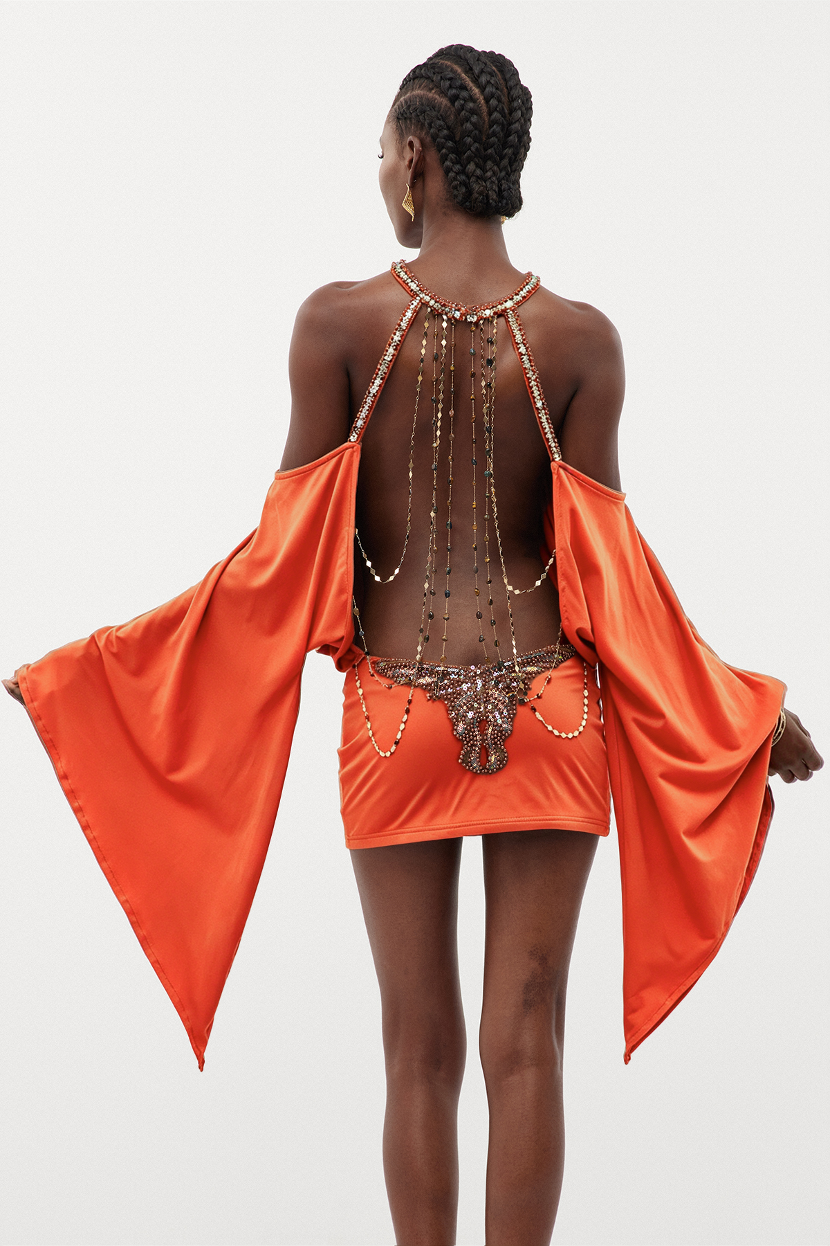 Drika Backless Chain Sequin Mini Dress In Orange