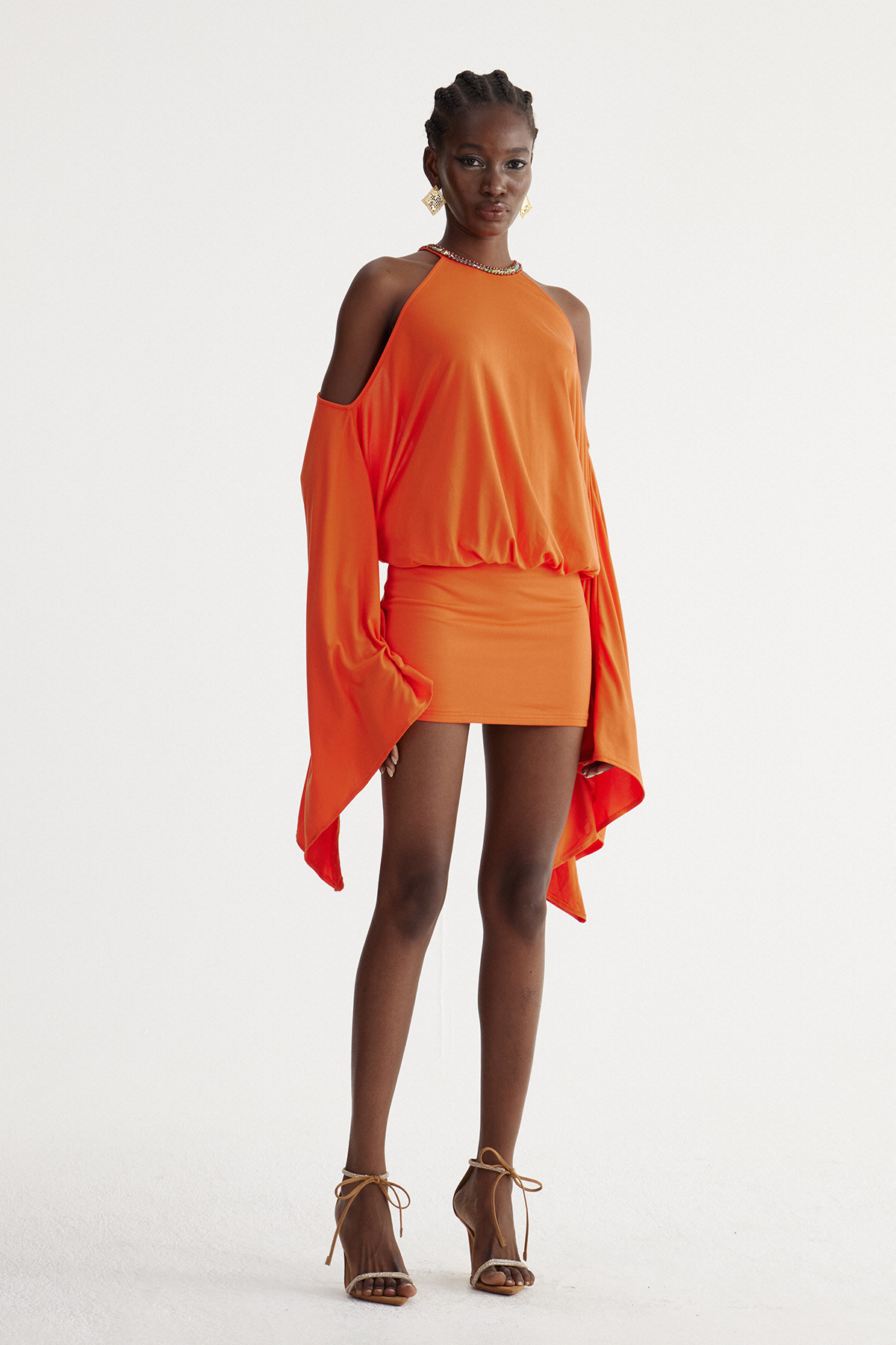 Drika Backless Chain Sequin Mini Dress In Orange