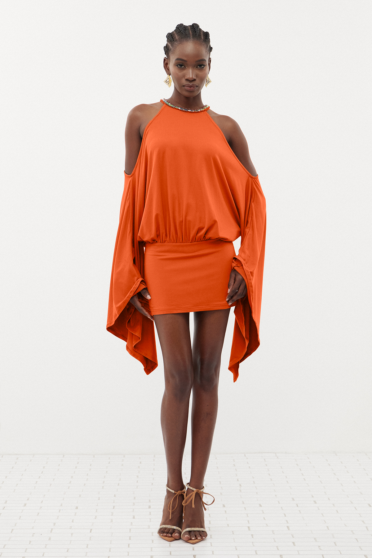 Drika Backless Chain Sequin Mini Dress In Orange