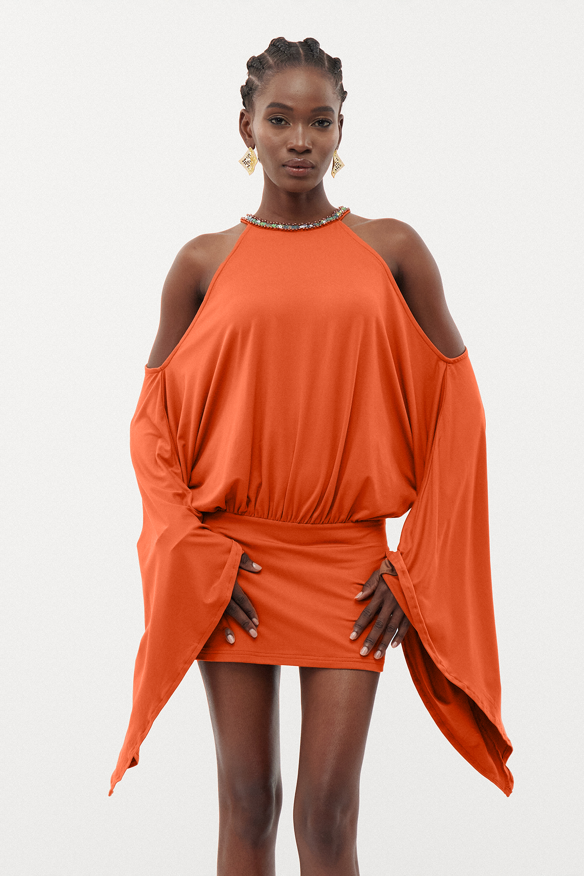 Drika Backless Chain Sequin Mini Dress In Orange