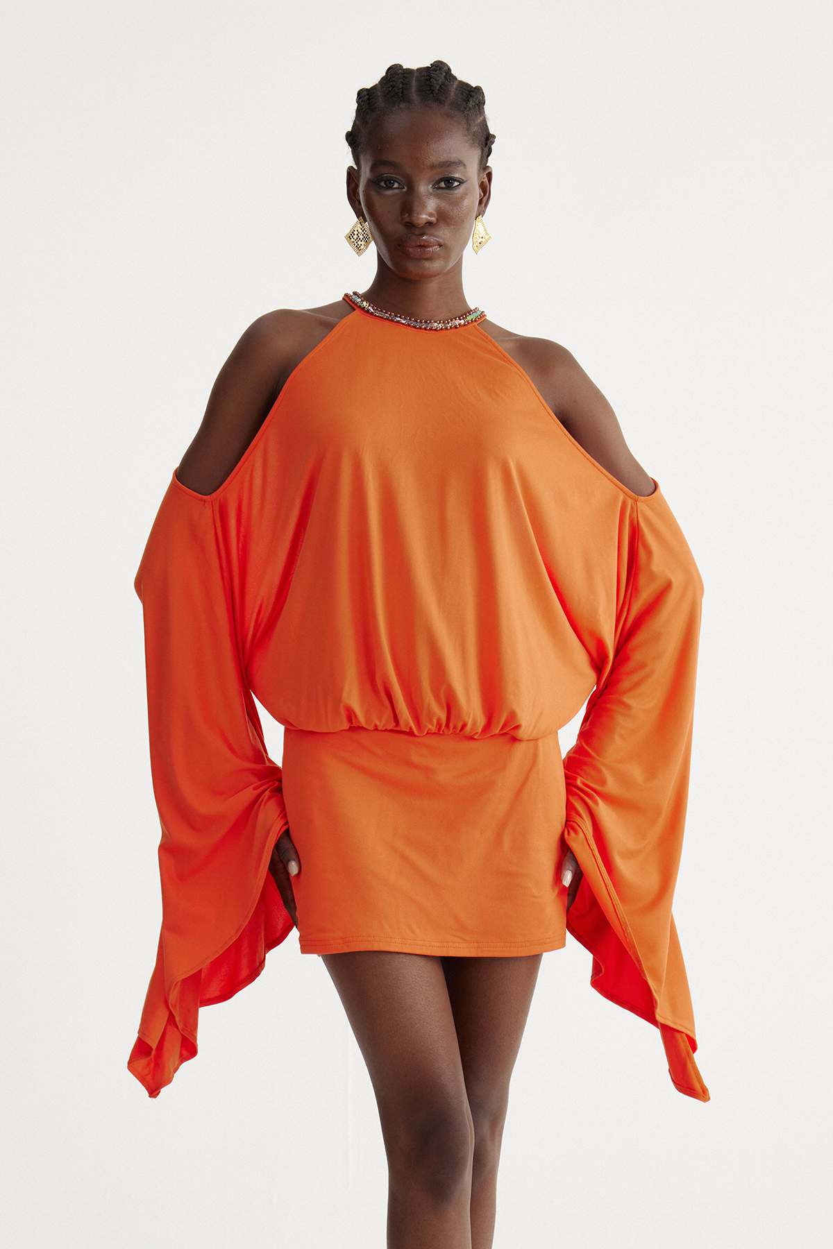 Drika Backless Chain Sequin Mini Dress In Orange